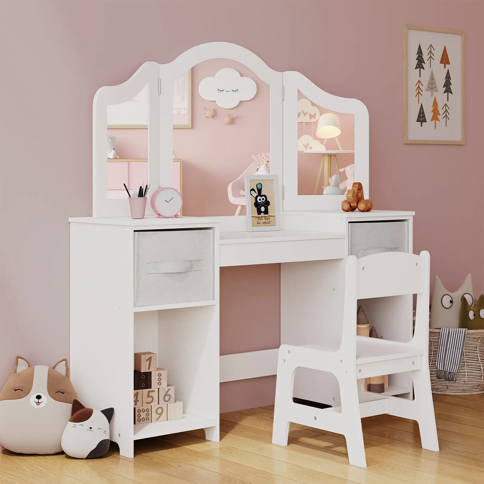 Kids Vanity, 2 in 1 Princess Makeup Desk & Chair Set with Tri-Folding Detachable Mirror, Large Storage Shelves, Wooden Pretend