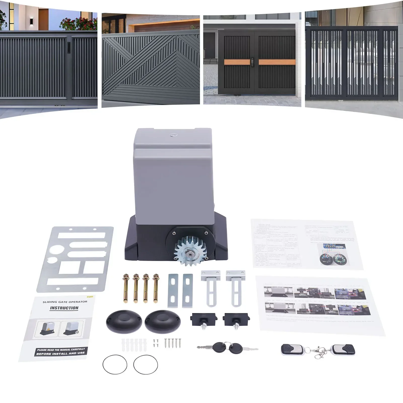 750W 1600KG Automatic Electric Slide Gate Opener Operator Sliding Door Motor with Remote Control & 6m Gear Rack Rail KIT