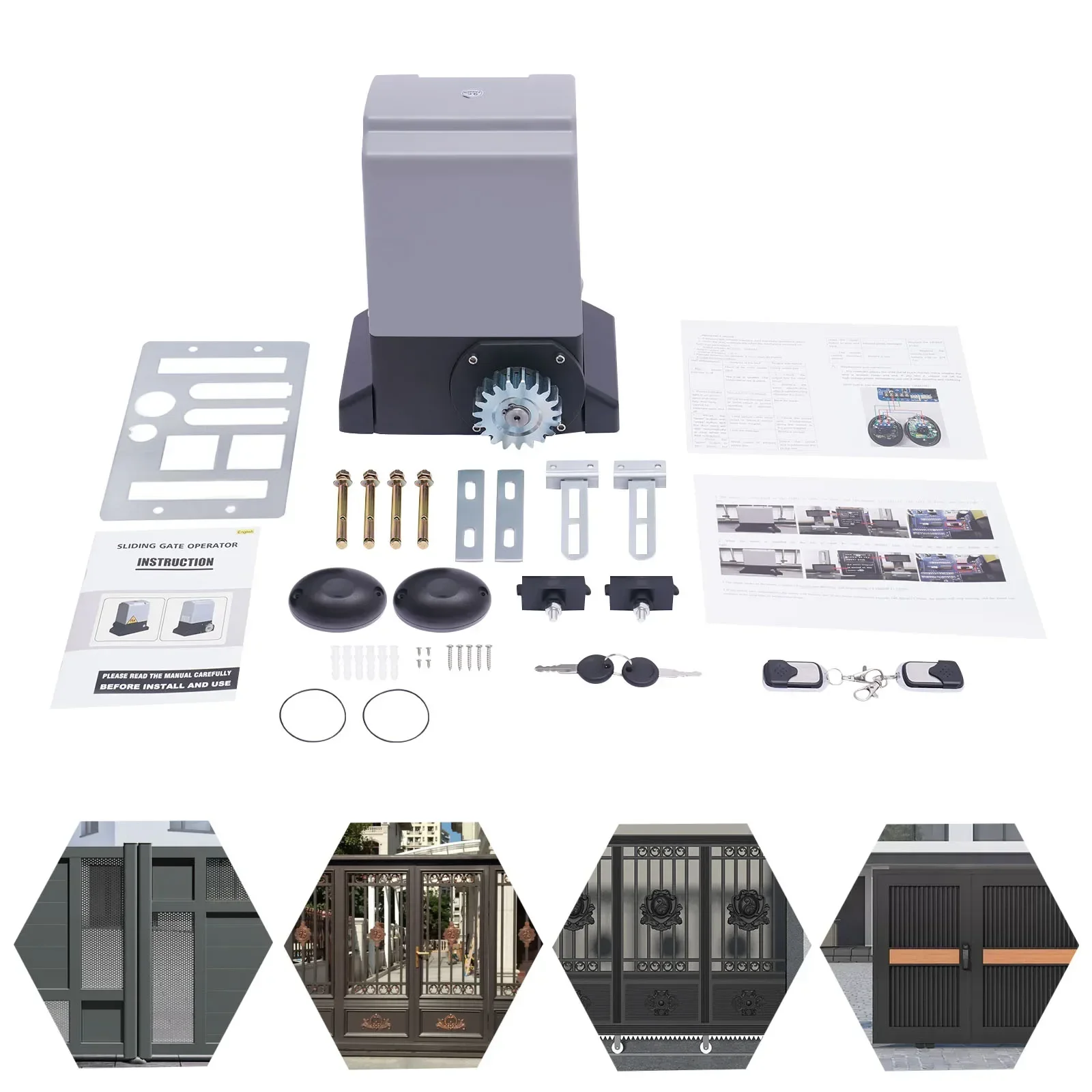 750W 1600KG Automatic Electric Slide Gate Opener Operator Sliding Door Motor with Remote Control & 6m Gear Rack Rail KIT