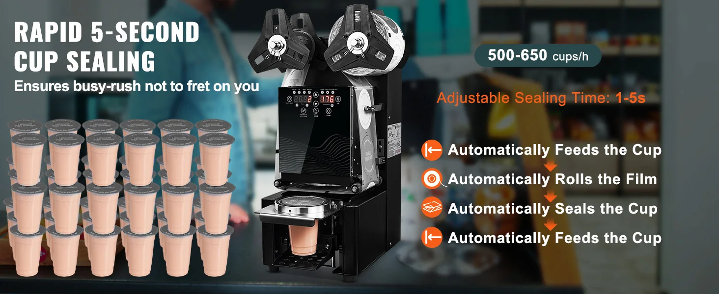 SucceBuy Fully Automatic Cup Sealing Machine 500-650 Cups/H Cup Sealer Machine fit 190mm Tall & 90/95mm Cup for Milk Boba Tea