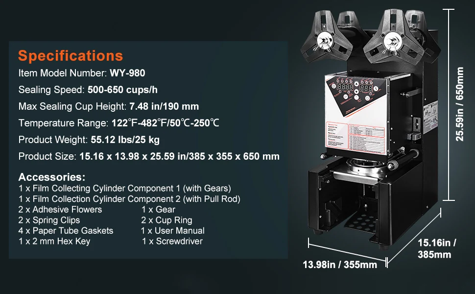 SucceBuy Fully Automatic Cup Sealing Machine 500-650 Cups/H Cup Sealer Machine fit 190mm Tall & 90/95mm Cup for Milk Boba Tea