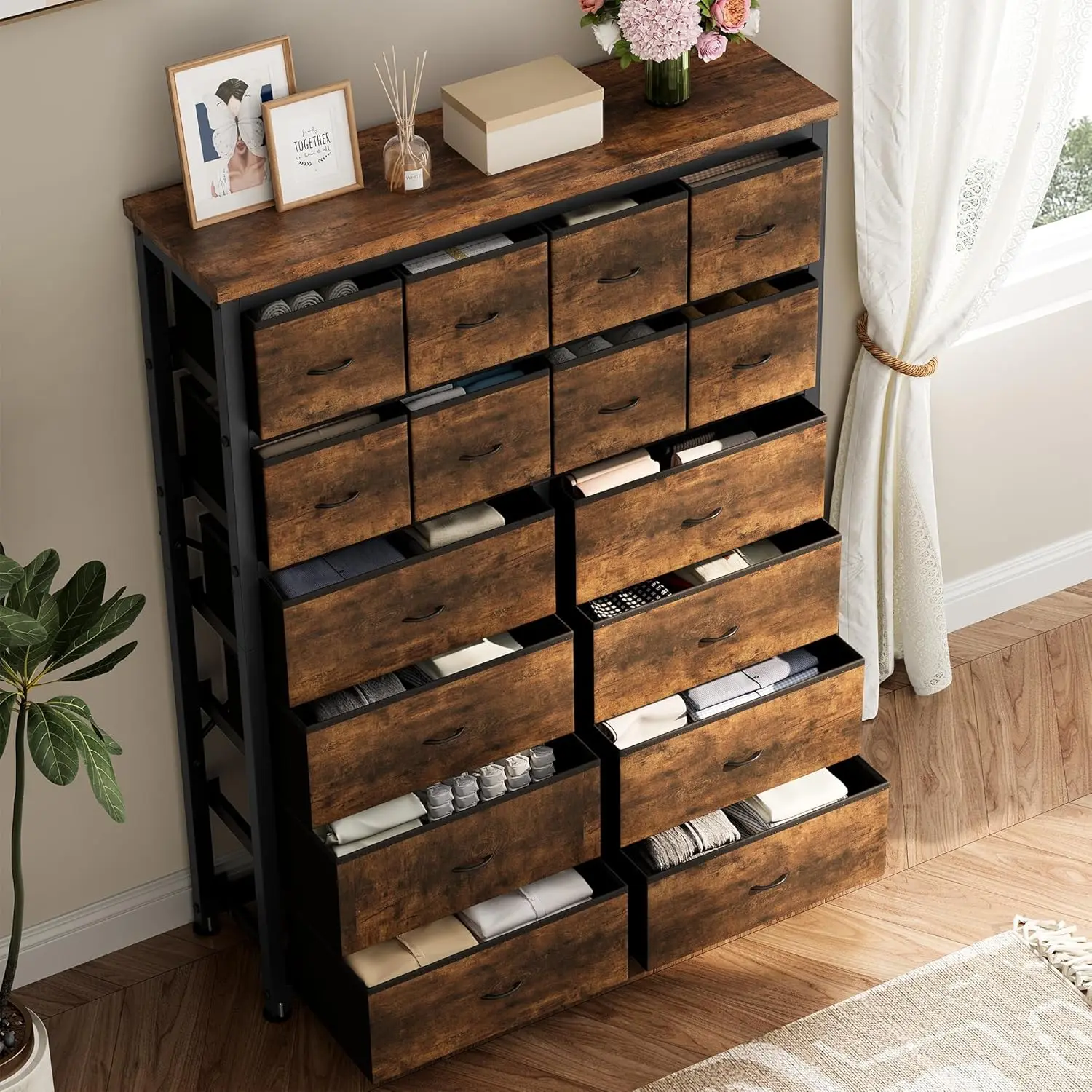Dresser for Bedroom with 16 Drawer, Dressers & Chests of Drawers, Tall Dresser for Bedroom, Dresser Organizer with Fabric Bins