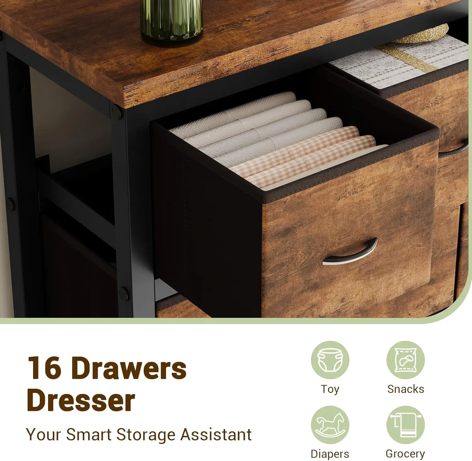 Dresser for Bedroom with 16 Drawer, Dressers & Chests of Drawers, Tall Dresser for Bedroom, Dresser Organizer with Fabric Bins