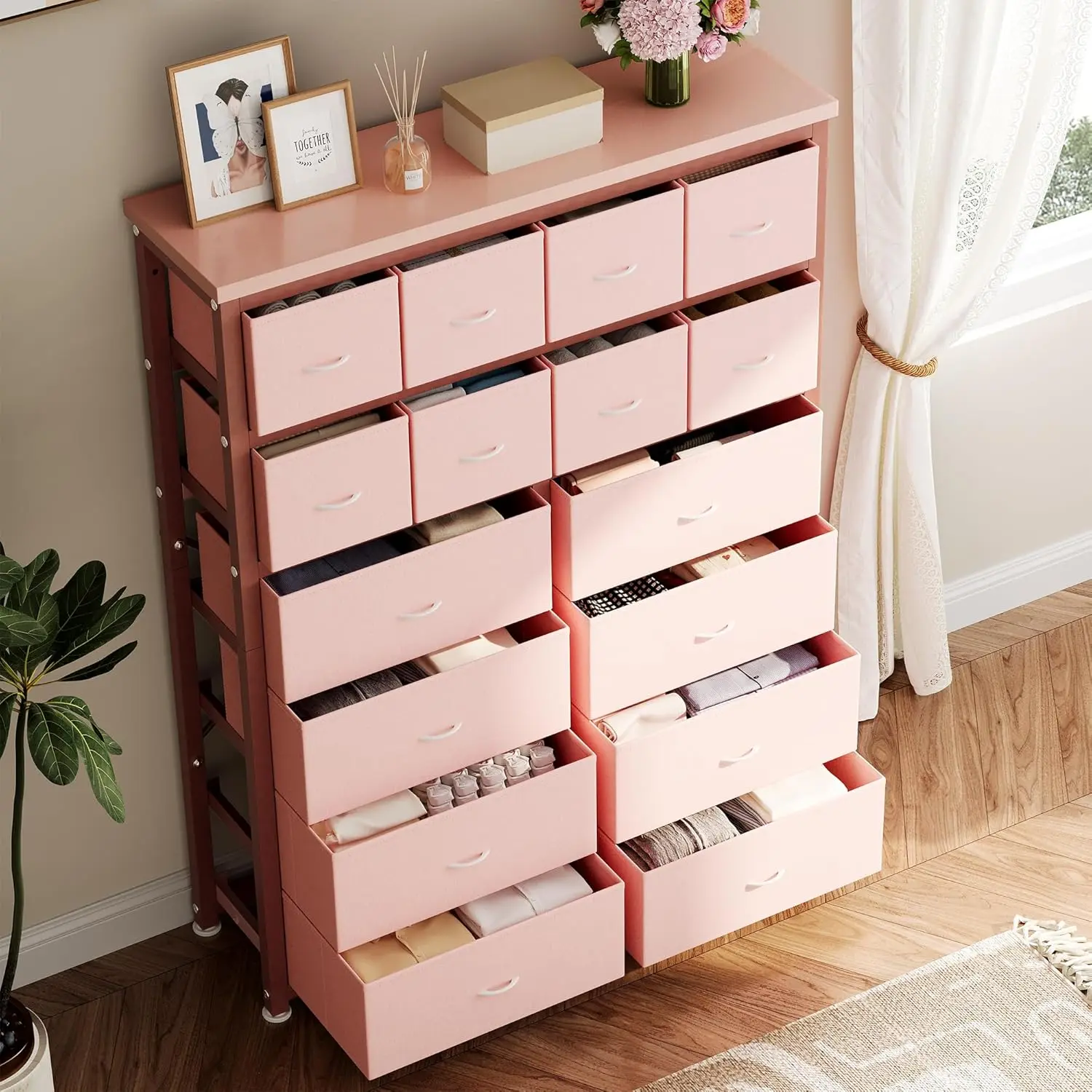 Dresser for Bedroom with 16 Drawer, Dressers & Chests of Drawers, Tall Dresser for Bedroom, Dresser Organizer with Fabric Bins
