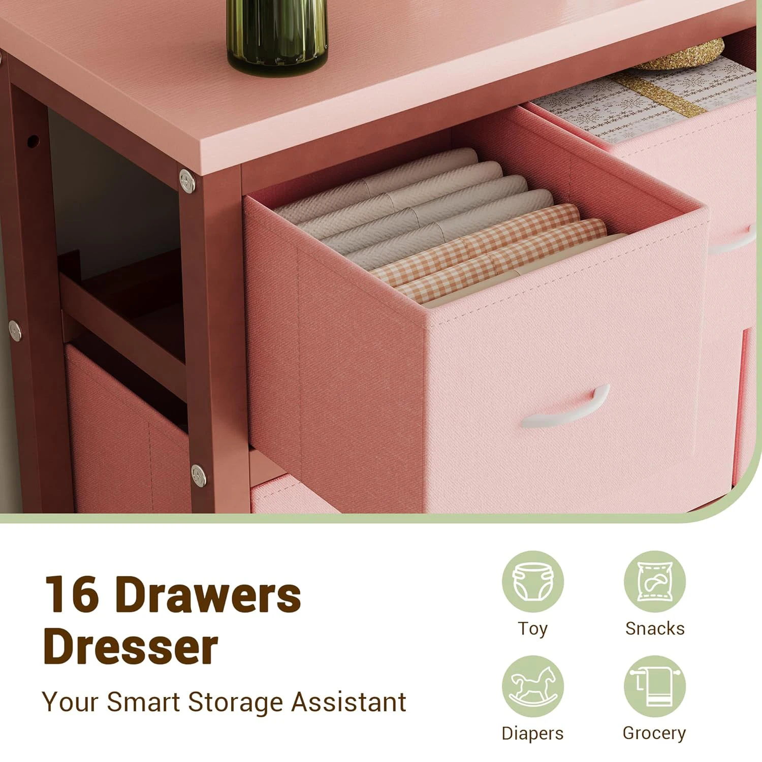 Dresser for Bedroom with 16 Drawer, Dressers & Chests of Drawers, Tall Dresser for Bedroom, Dresser Organizer with Fabric Bins