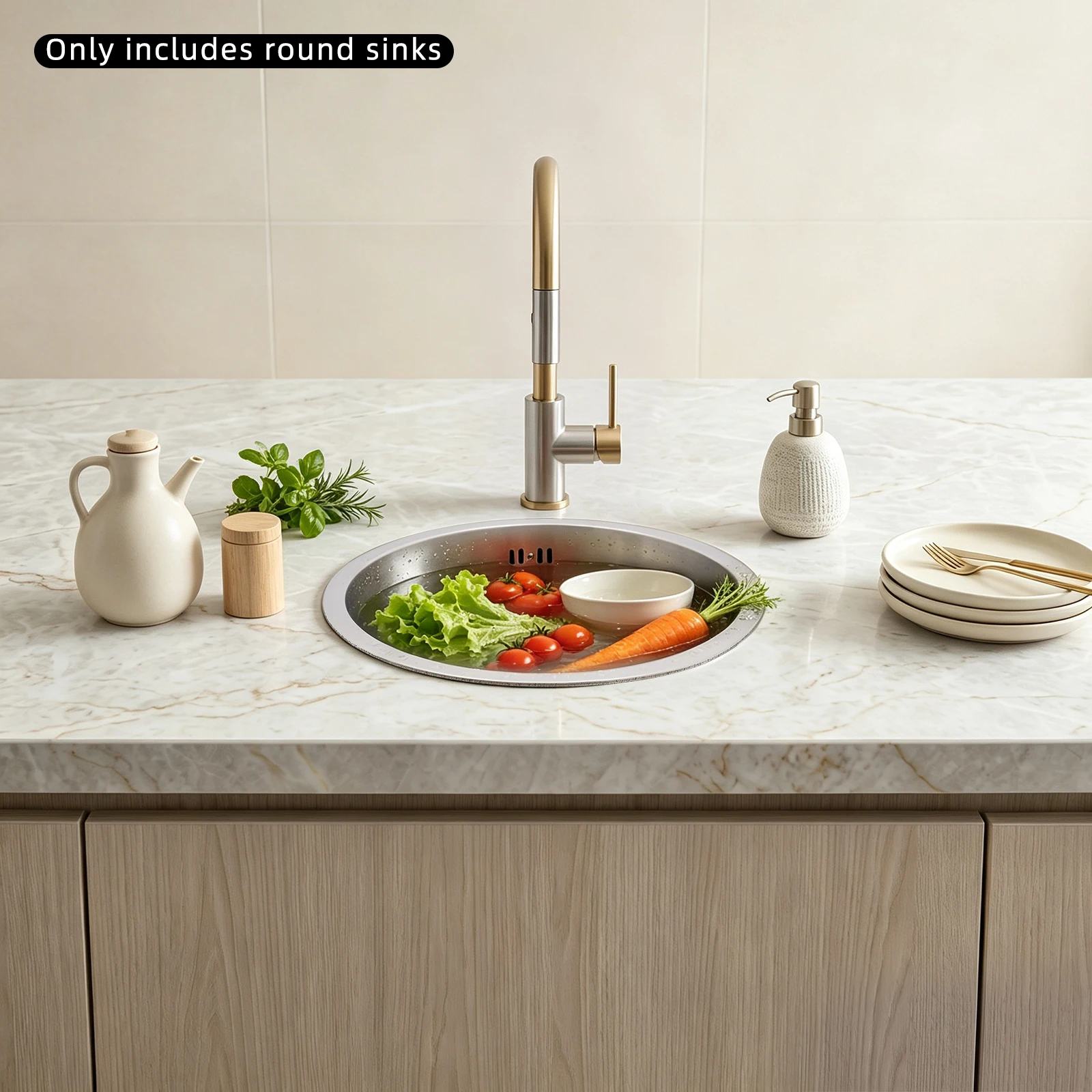41cm Round Kitchen Sink 304 Stainless Steel, 19cm Deep Undermount Single Bowl Sink with Drain Pipe for RV Bar Cafe Home