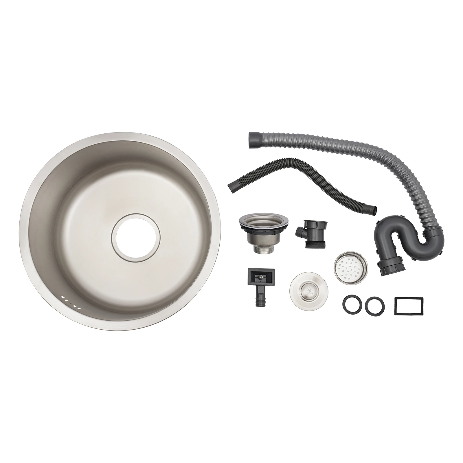 41cm Round Kitchen Sink 304 Stainless Steel, 19cm Deep Undermount Single Bowl Sink with Drain Pipe for RV Bar Cafe Home