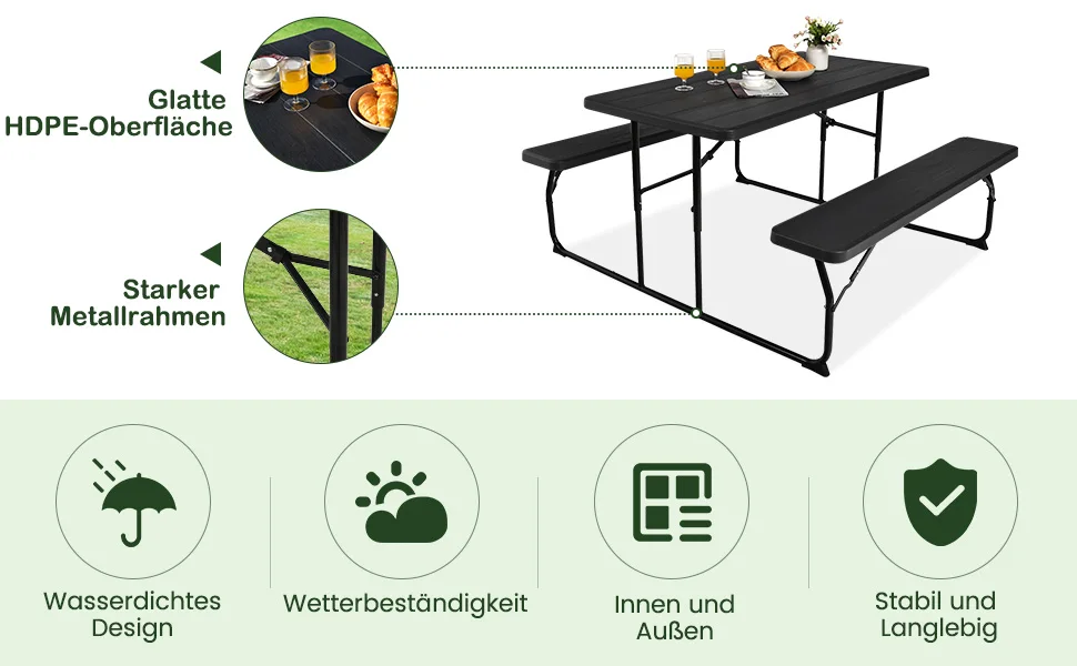 Folding picnic table with benches, 136 cm outdoor camping table set beer tent set beer table set for terrace