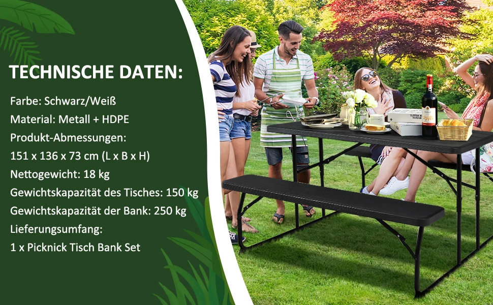 Folding picnic table with benches, 136 cm outdoor camping table set beer tent set beer table set for terrace