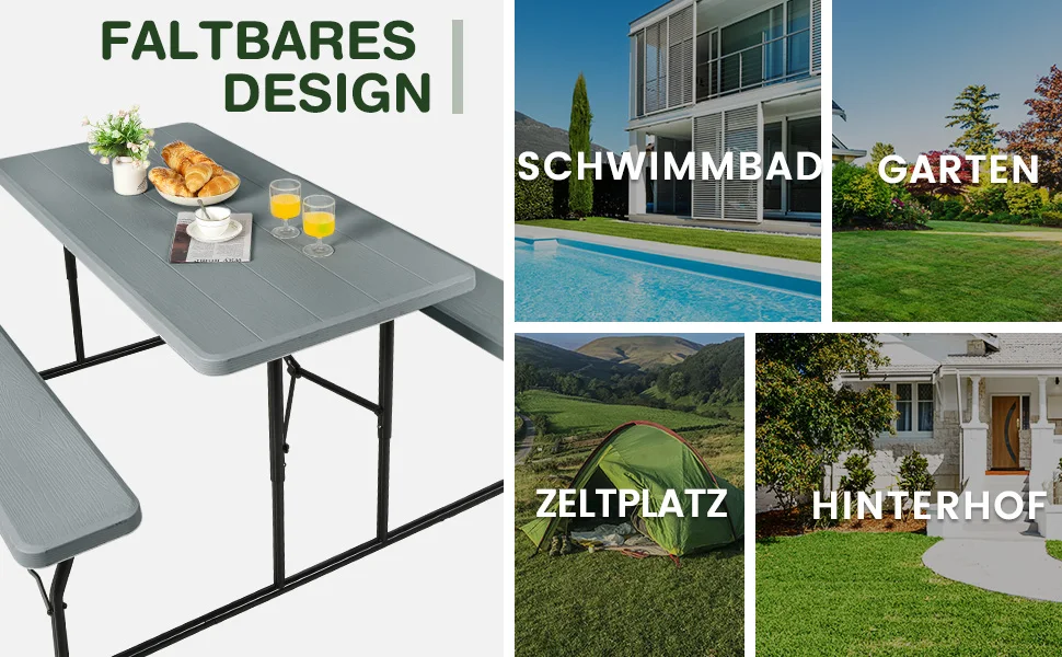 Folding picnic table with benches, 136 cm outdoor camping table set beer tent set beer table set for terrace