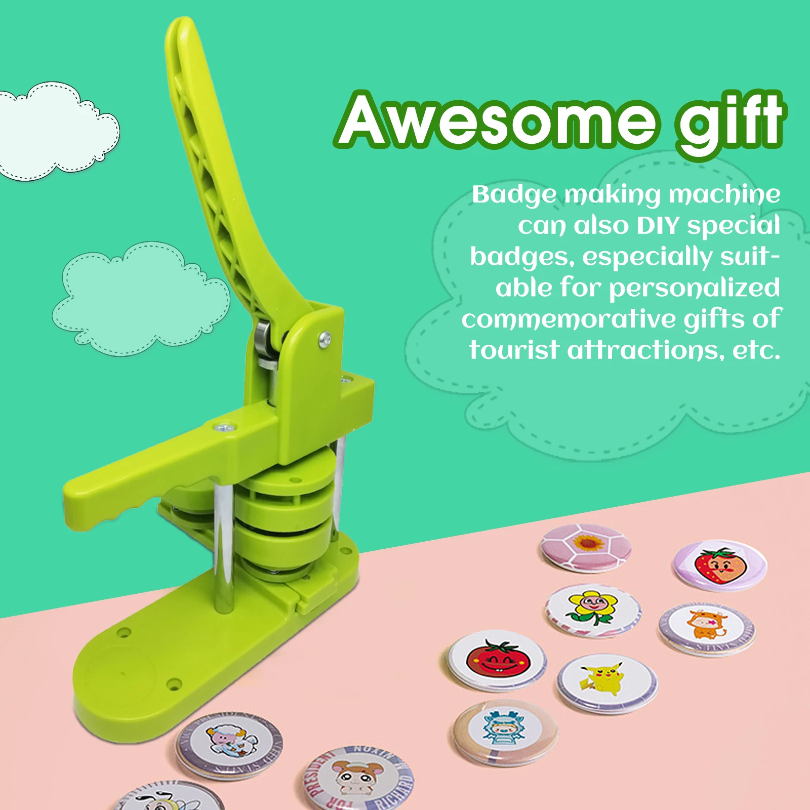DIY Pin Button Maker Machine 25mm/32mm/58mm Badge Punch Press with 300pcs Button Parts Left and Right Translation Switching Design