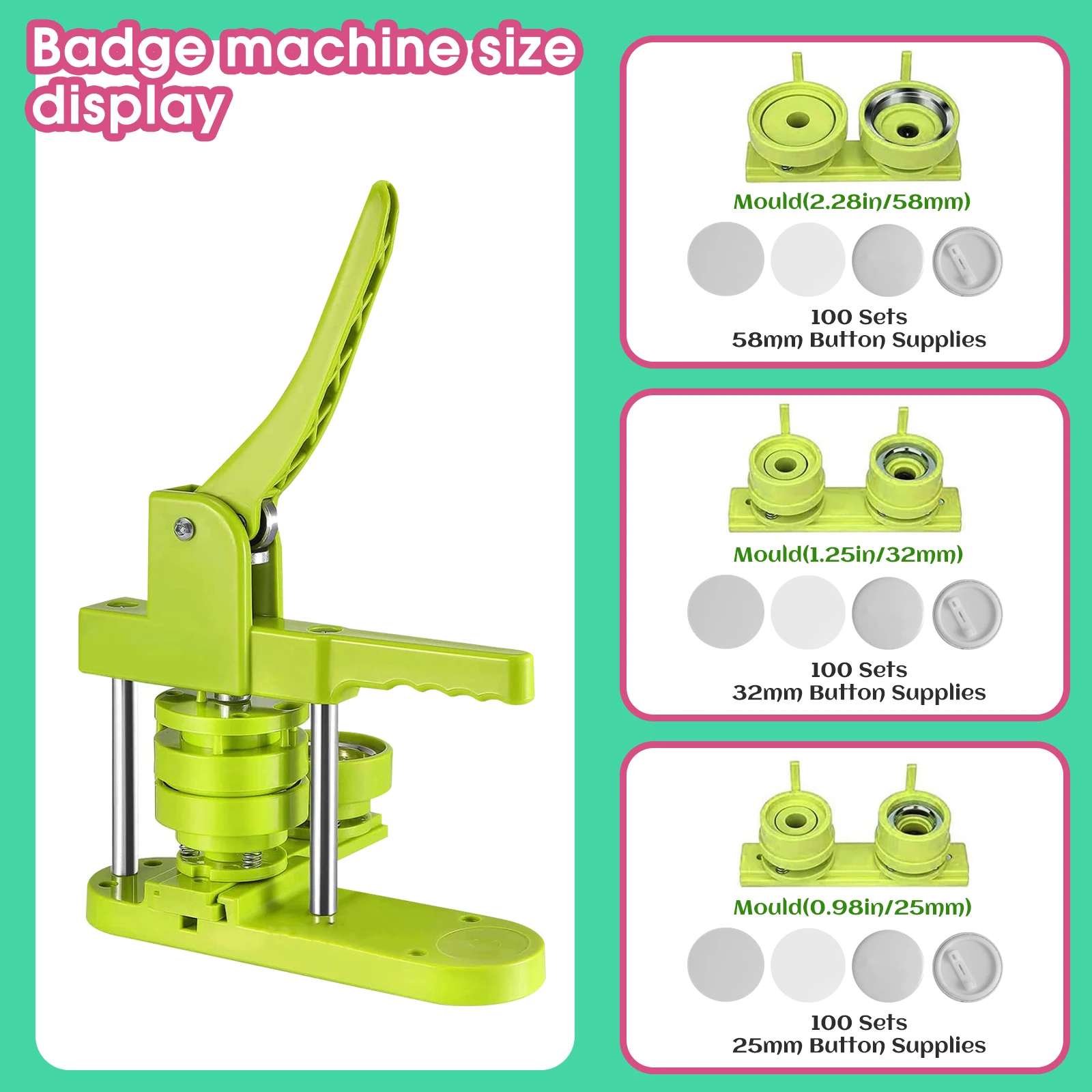 DIY Pin Button Maker Machine 25mm/32mm/58mm Badge Punch Press with 300pcs Button Parts Left and Right Translation Switching Design