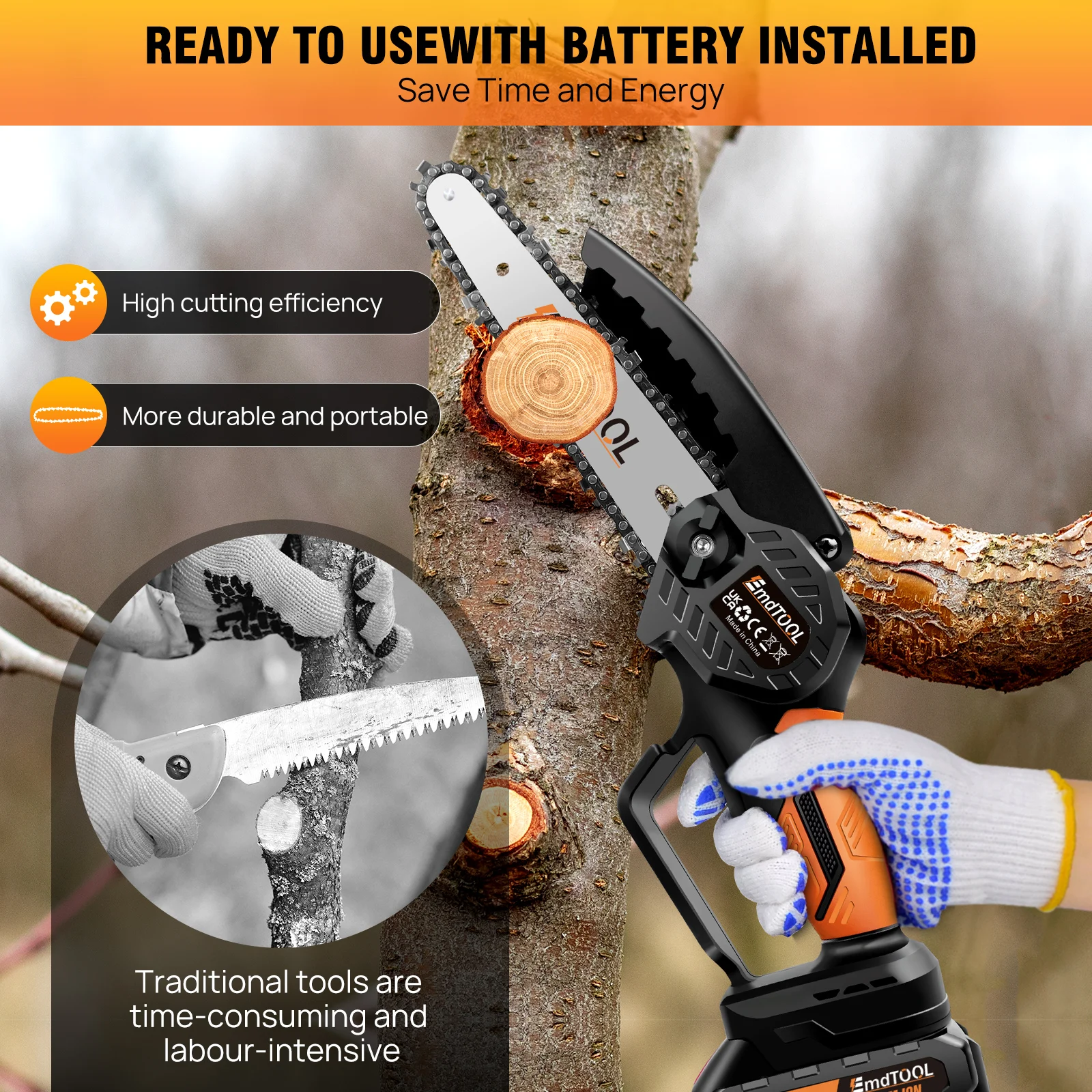 6 inch Cordless,21V Battery Powered Chain Saw for Branch Pruning with 2 Chains,for Wood Cutting Tree Trimming,Orange