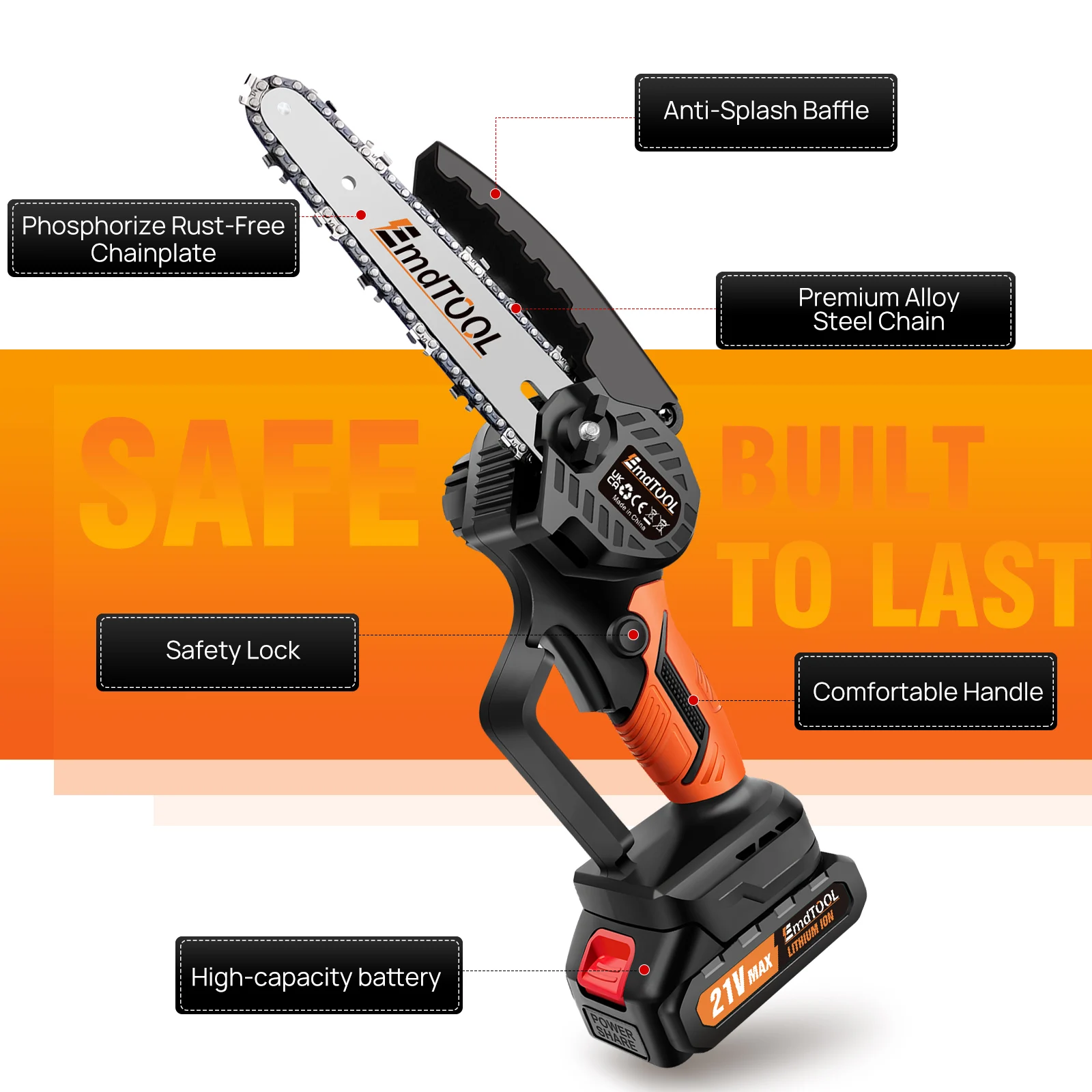 6 inch Cordless,21V Battery Powered Chain Saw for Branch Pruning with 2 Chains,for Wood Cutting Tree Trimming,Orange