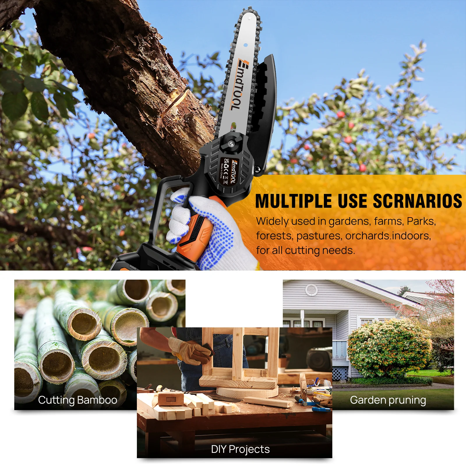 6 inch Cordless,21V Battery Powered Chain Saw for Branch Pruning with 2 Chains,for Wood Cutting Tree Trimming,Orange