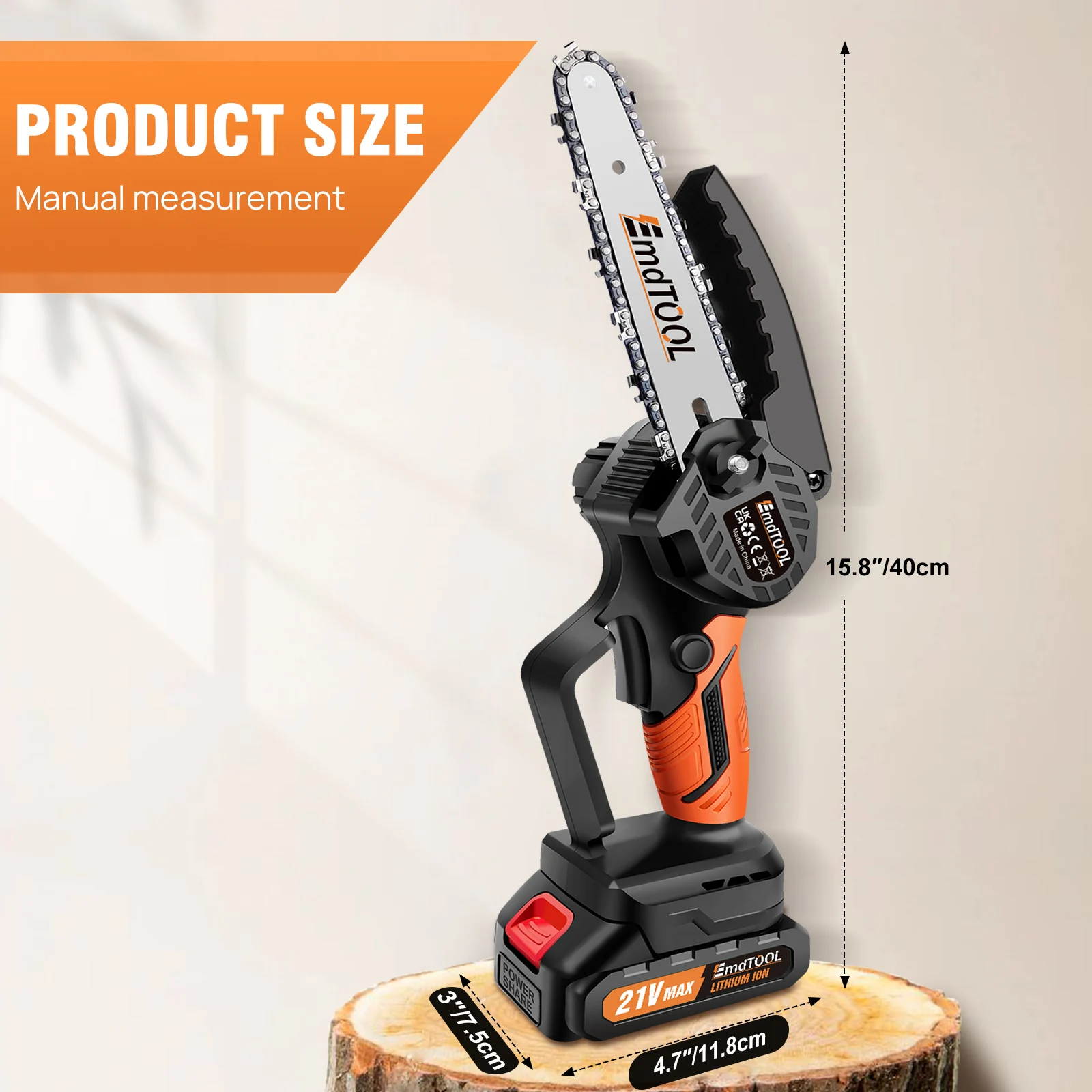 6 inch Cordless,21V Battery Powered Chain Saw for Branch Pruning with 2 Chains,for Wood Cutting Tree Trimming,Orange