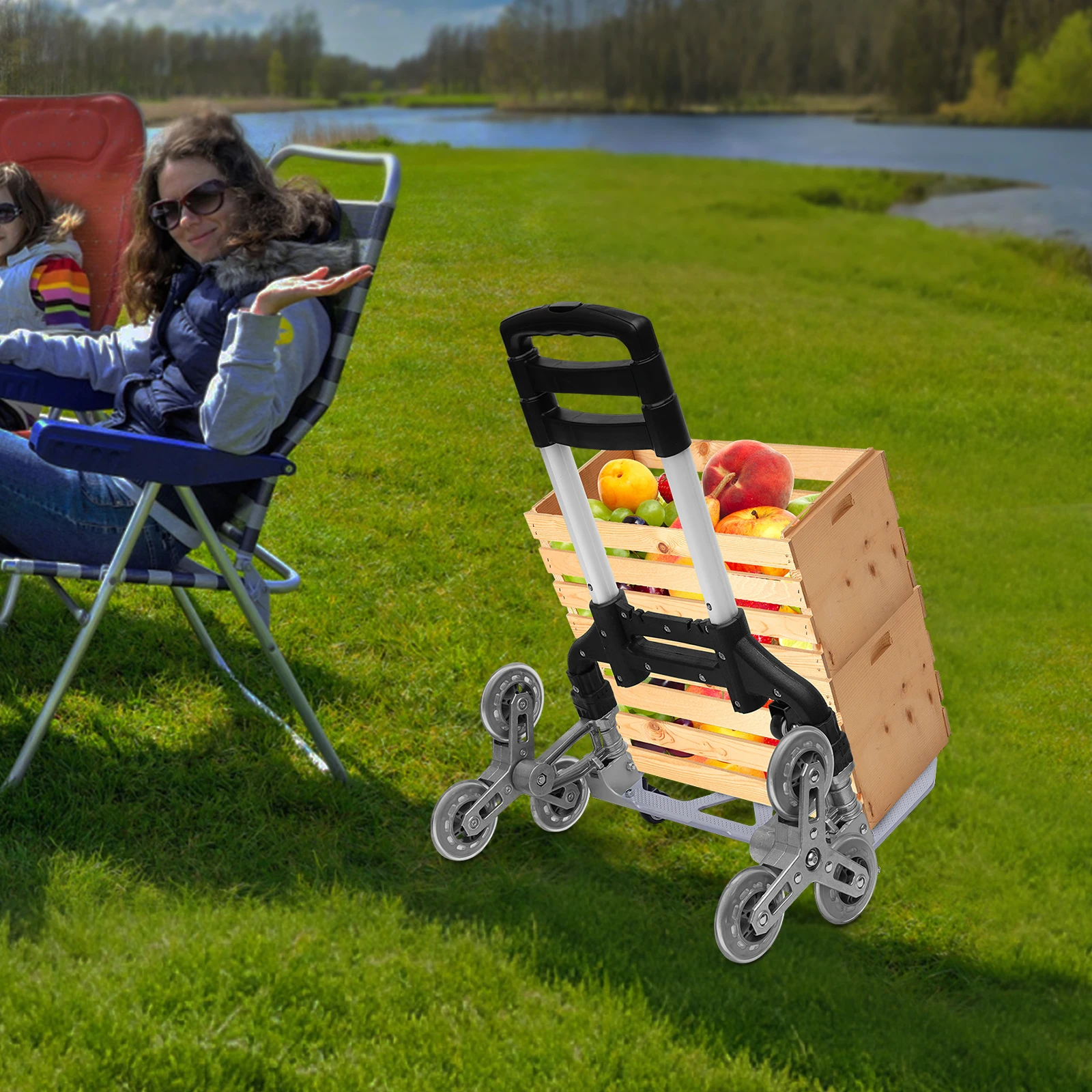 4 Small Wheels Black Folding Trolley Aluminum Alloy Wheel Frame With Cloth Bag Crystal Wheels To Carry Goods Deliveries