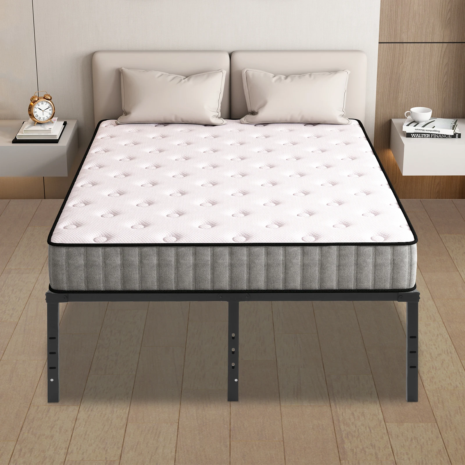 Metal Bed Frame Queen Size 135x189cm High Bed Frame Iron Bed Frame No Box Spring Needed for Bedroom