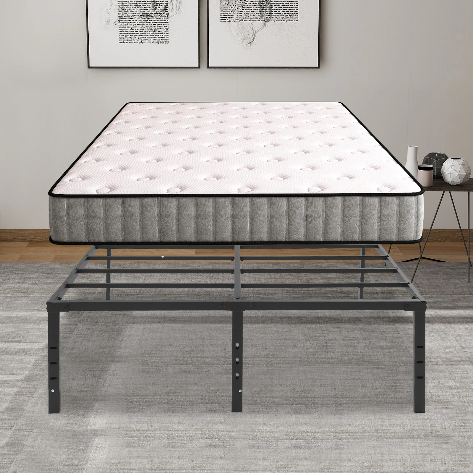 Metal Bed Frame Queen Size 135x189cm High Bed Frame Iron Bed Frame No Box Spring Needed for Bedroom