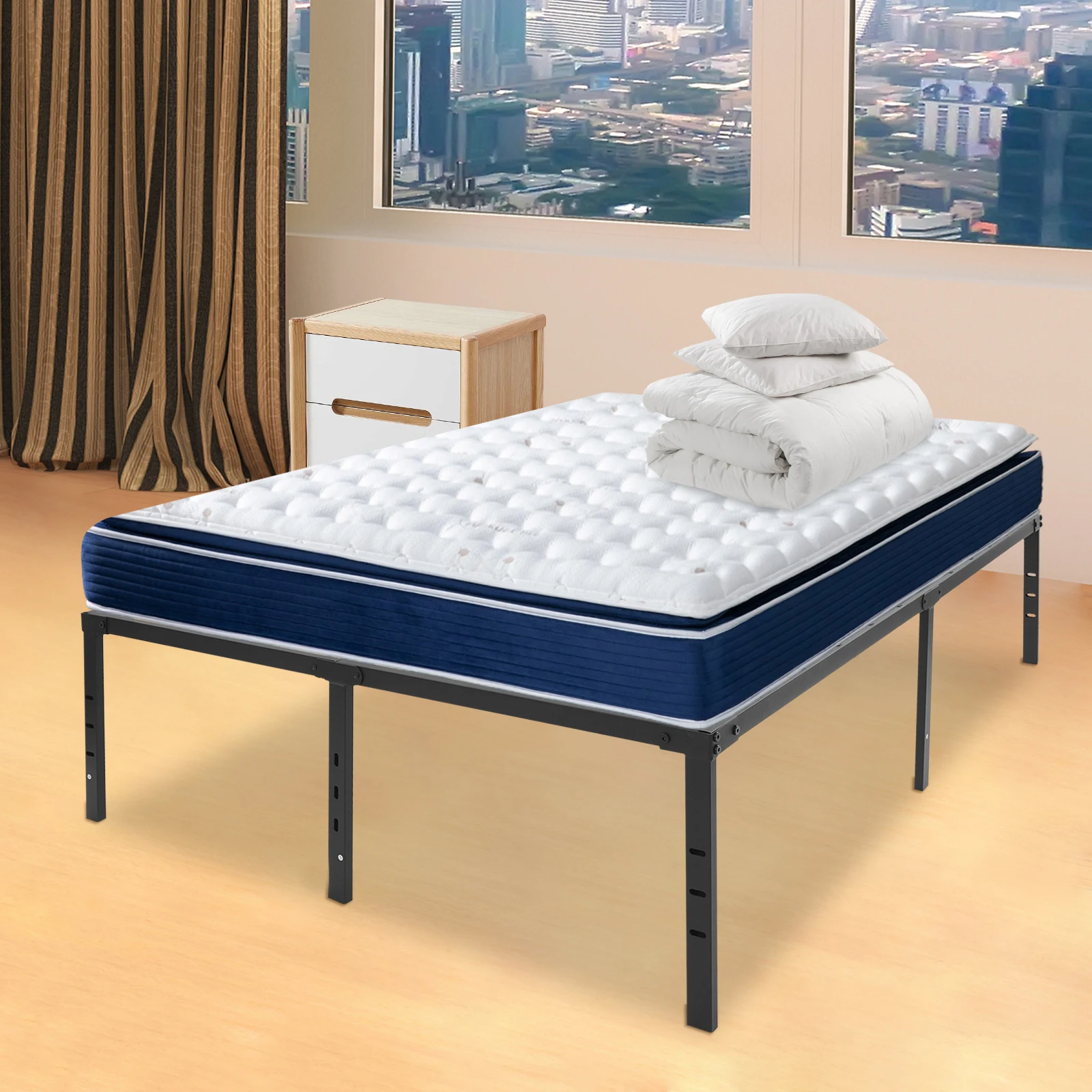 Metal Bed Frame Queen Size 135x189cm High Bed Frame Iron Bed Frame No Box Spring Needed for Bedroom