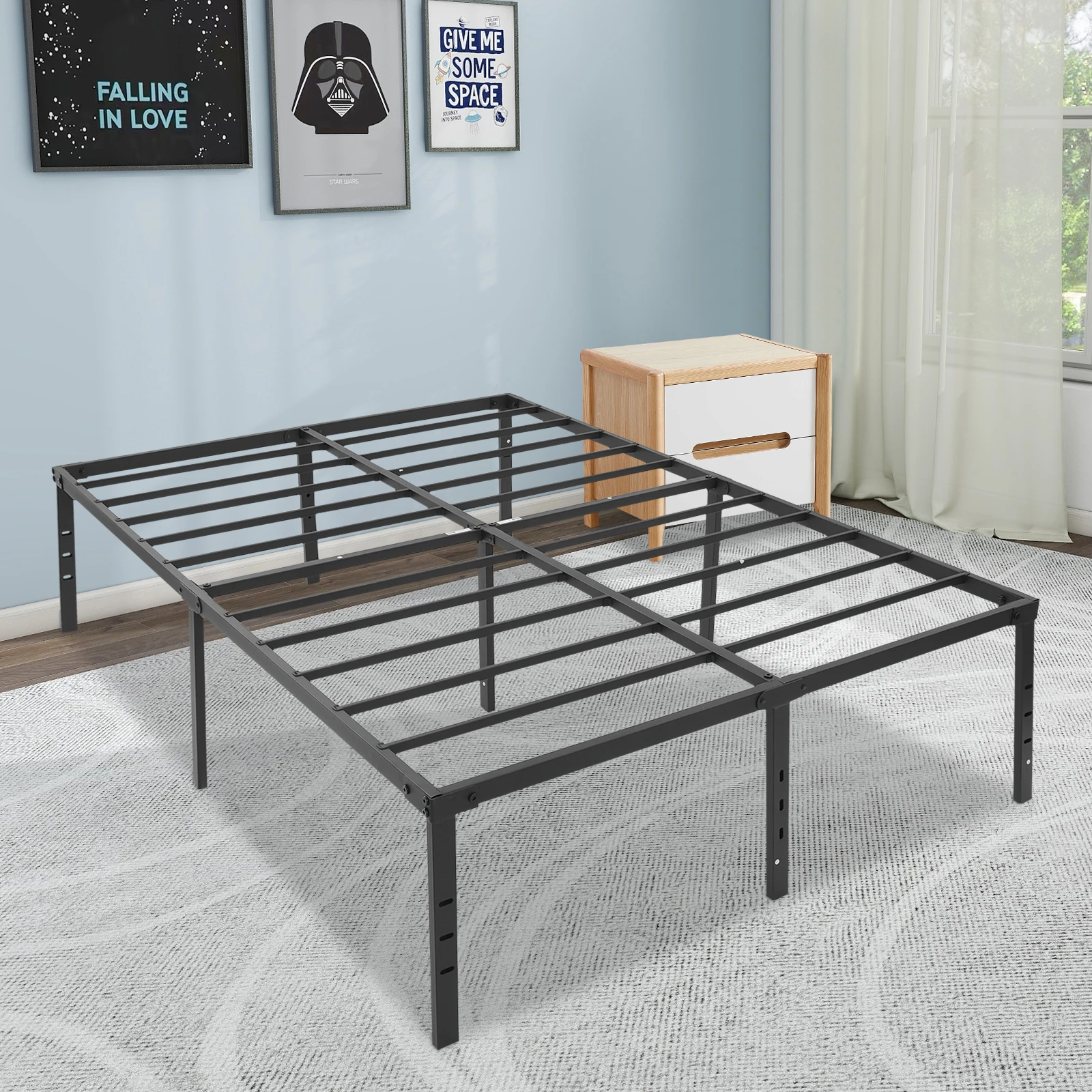 Metal Bed Frame Queen Size 135x189cm High Bed Frame Iron Bed Frame No Box Spring Needed for Bedroom