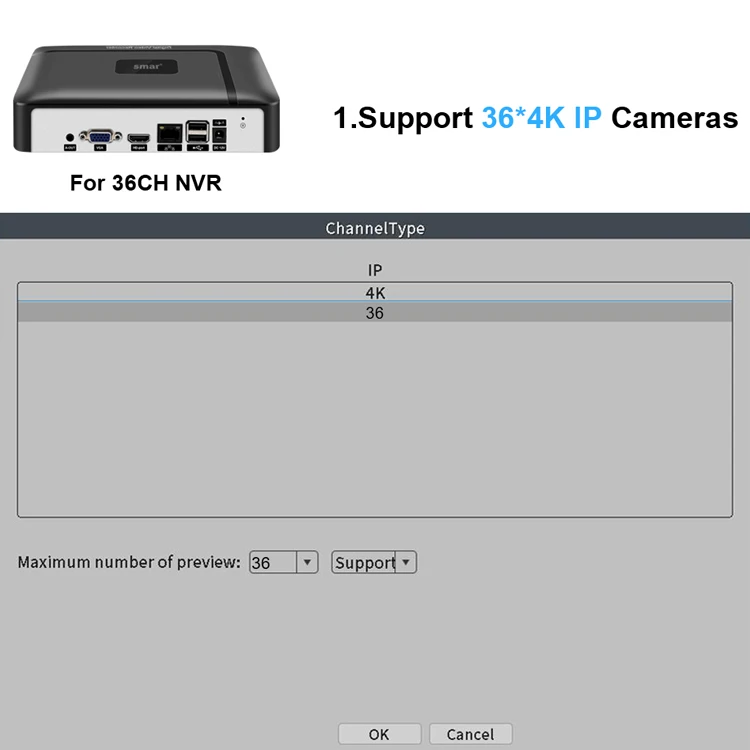 Smar H.265 CCTV NVR Face Detection 10CH 16CH 32CH 36CH Max 4K Output Security Video Recorder Motion Detect P2P Onvif XMEye APP