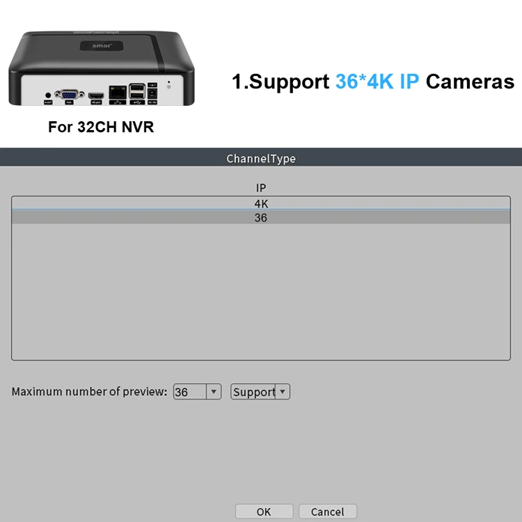 Smar H.265 CCTV NVR Face Detection 10CH 16CH 32CH 36CH Max 4K Output Security Video Recorder Motion Detect P2P Onvif XMEye APP