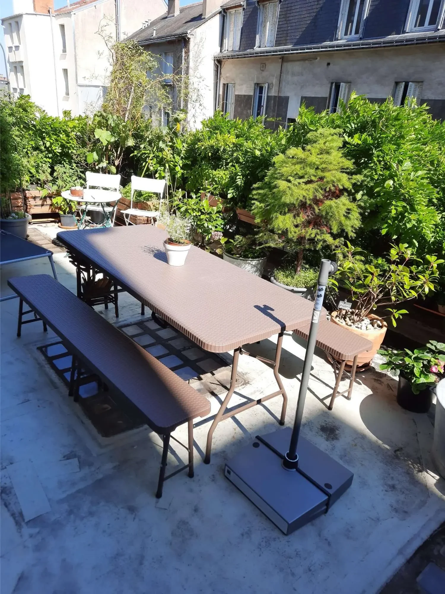 Outdoor Furniture Set Foldable Table and 2 Benches for Camping Patio Dining Table 180cm, HDPE Panel, Waterproof, w/ Steel Frame