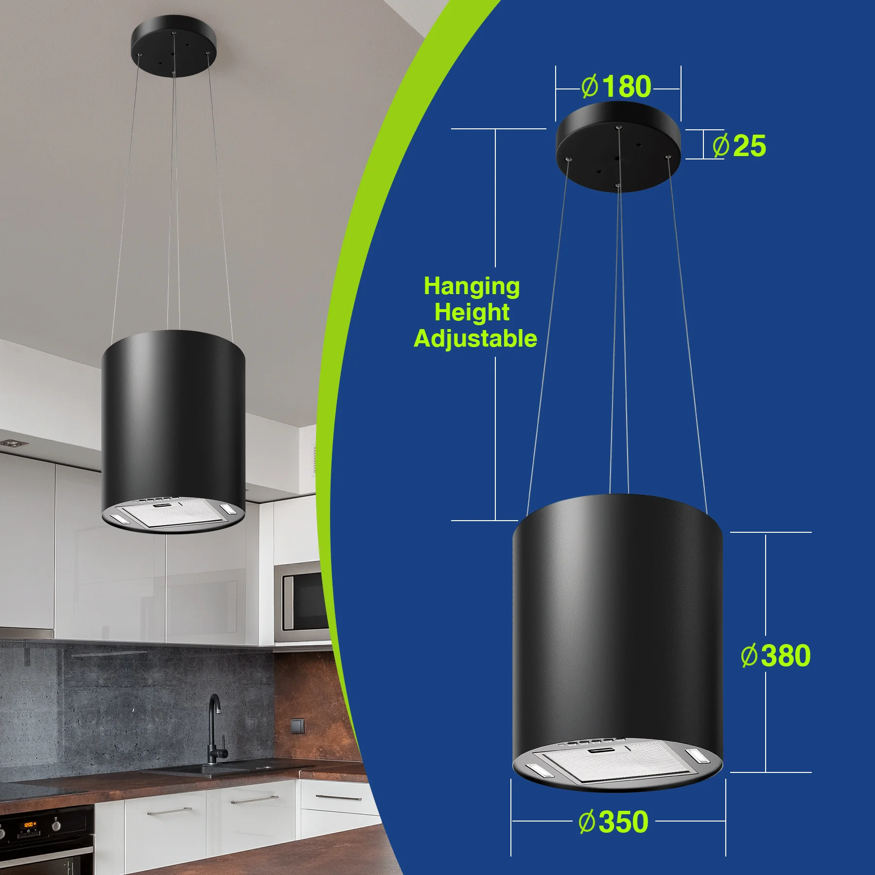 SNDOAS Recirculation 35 cm with 700 m³/h Suction 3 Power Level with Carbon Filter LED Bulb Island Hood Extractor Hood