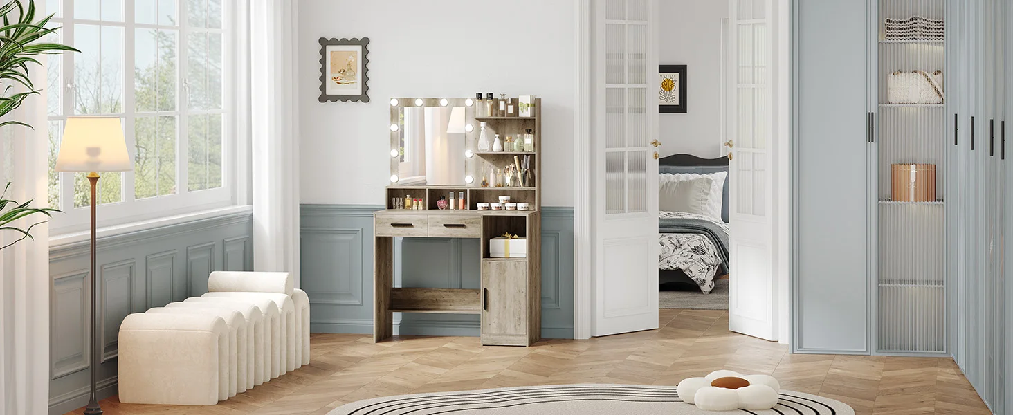 Dressing Table with Mirror and 10 LED Lights, with 2 Drawers & 1 Cabinet, 3 Shelves & 4 Open Compartments