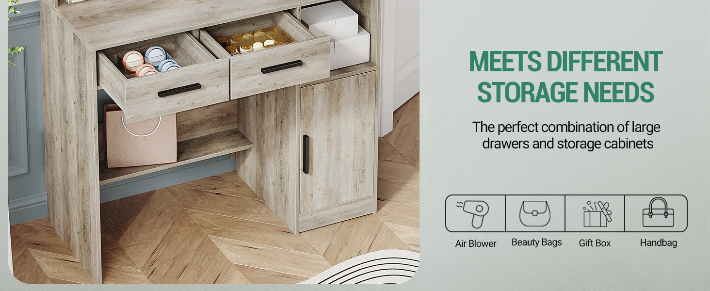 Dressing Table with Mirror and 10 LED Lights, with 2 Drawers & 1 Cabinet, 3 Shelves & 4 Open Compartments
