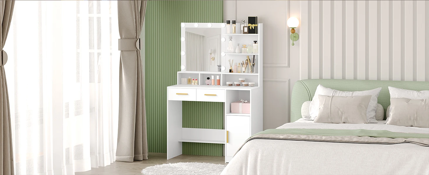 Dressing Table with Mirror and 10 LED Lights, with 2 Drawers & 1 Cabinet, 3 Shelves & 4 Open Compartments