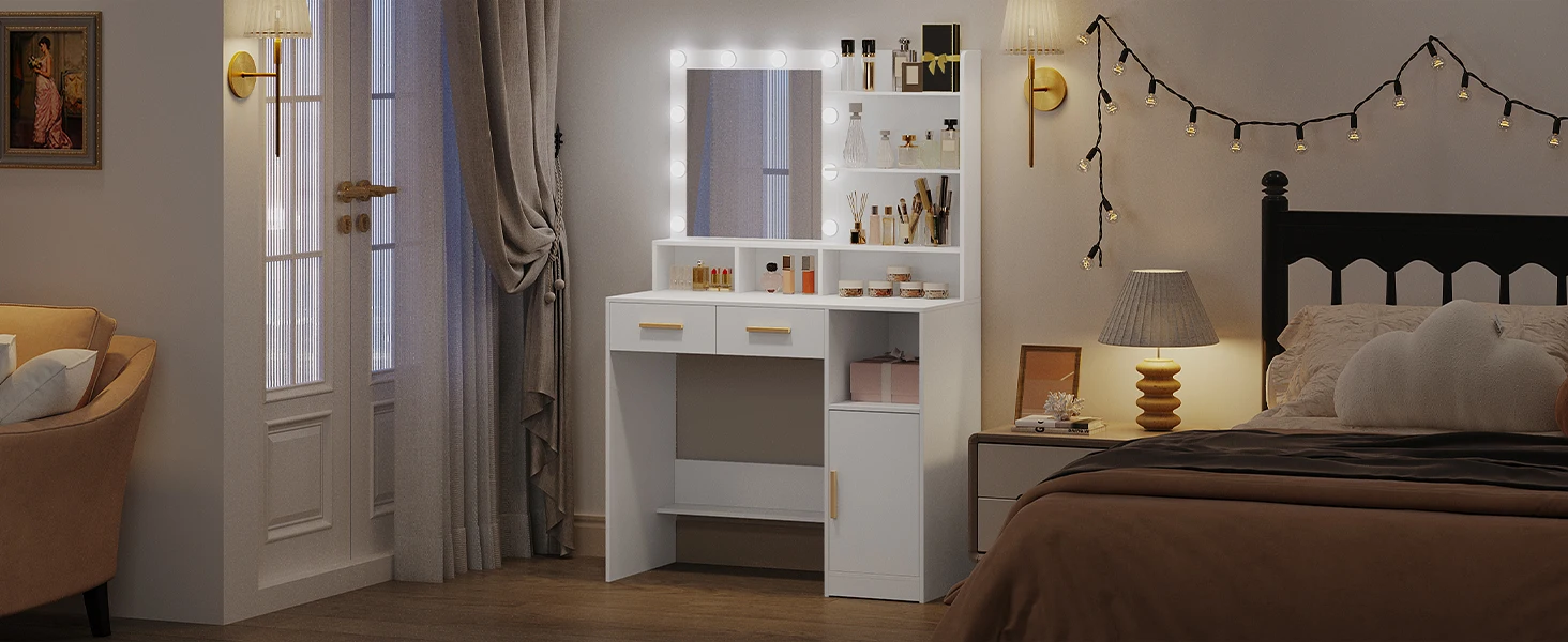 Dressing Table with Mirror and 10 LED Lights, with 2 Drawers & 1 Cabinet, 3 Shelves & 4 Open Compartments