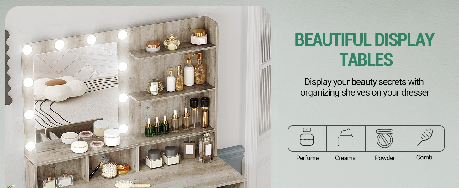 Dressing Table with Mirror and 10 LED Lights, with 2 Drawers & 1 Cabinet, 3 Shelves & 4 Open Compartments