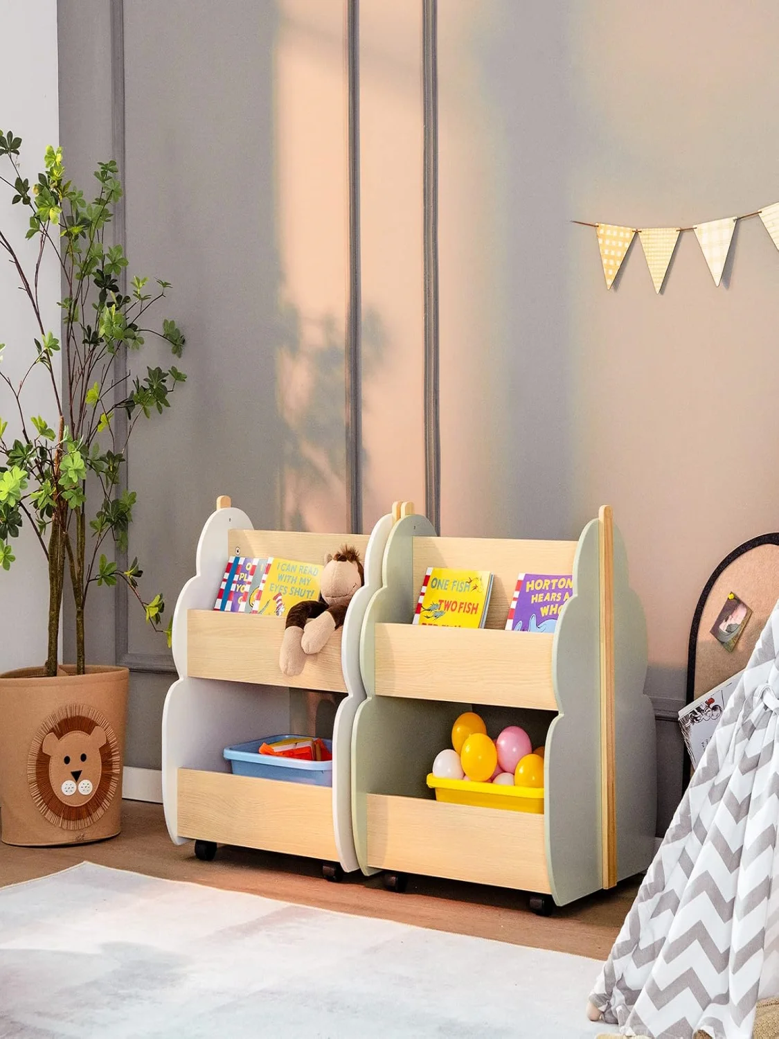 Kids Bookcase on Wheels, 2 Tier Wooden Toy Shelf, 52 x 46 x 62.5 cm (Green)