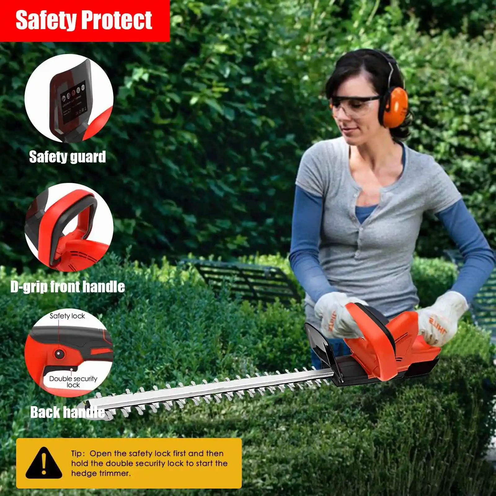 21V Cordless HDGE machine 22-inch electric machine hedge with mah battery and charger with double action blade 3/5 "baking