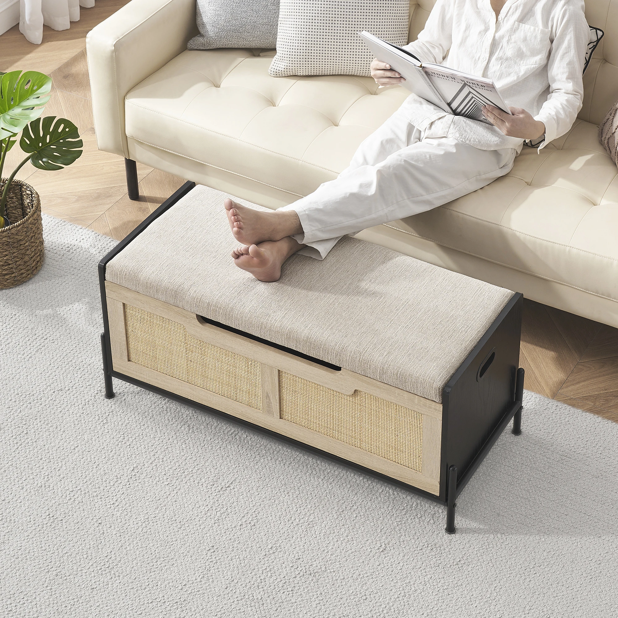 Farmhouse Entryway Bench with Storage, Home Ottoman with Padded Seat Cushion, End of Bed Bench for Bedroom Entryway