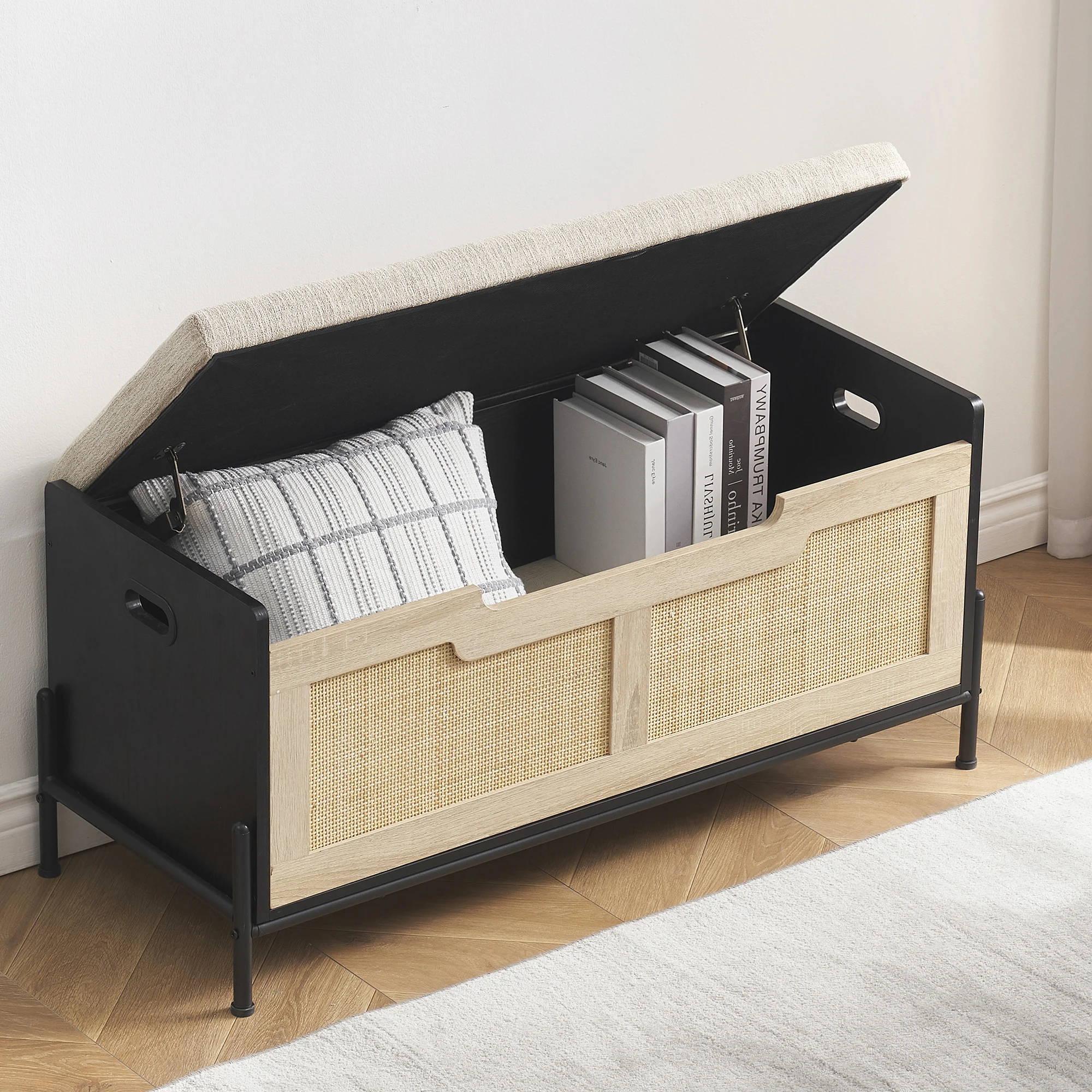 Farmhouse Entryway Bench with Storage, Home Ottoman with Padded Seat Cushion, End of Bed Bench for Bedroom Entryway