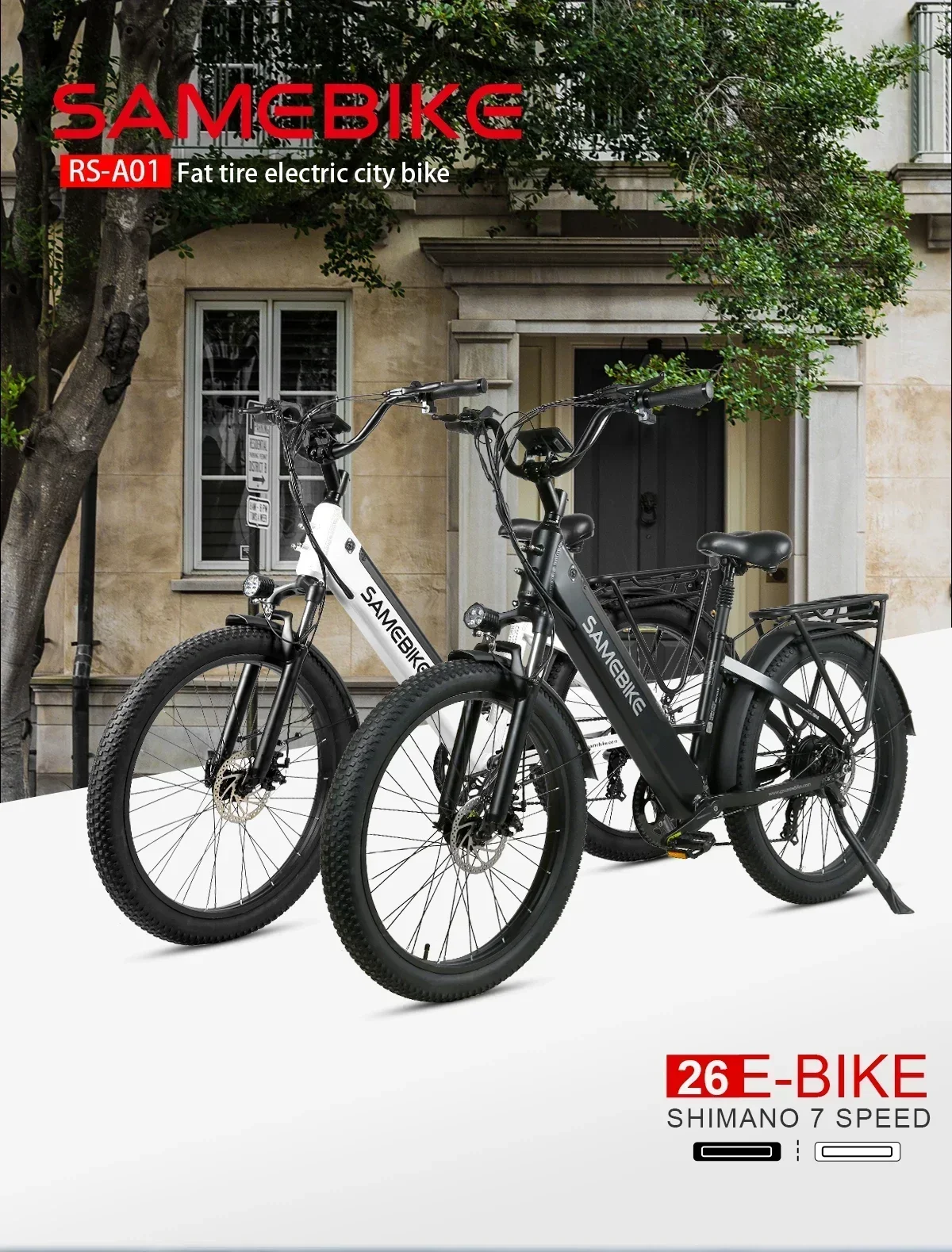 SAMEBIKE RS-A01 PLUS Electric Bike 750W 48V14AH Removable Lithium Battery City Adult Electric Bicycle 26inch Tire Mountain Ebike