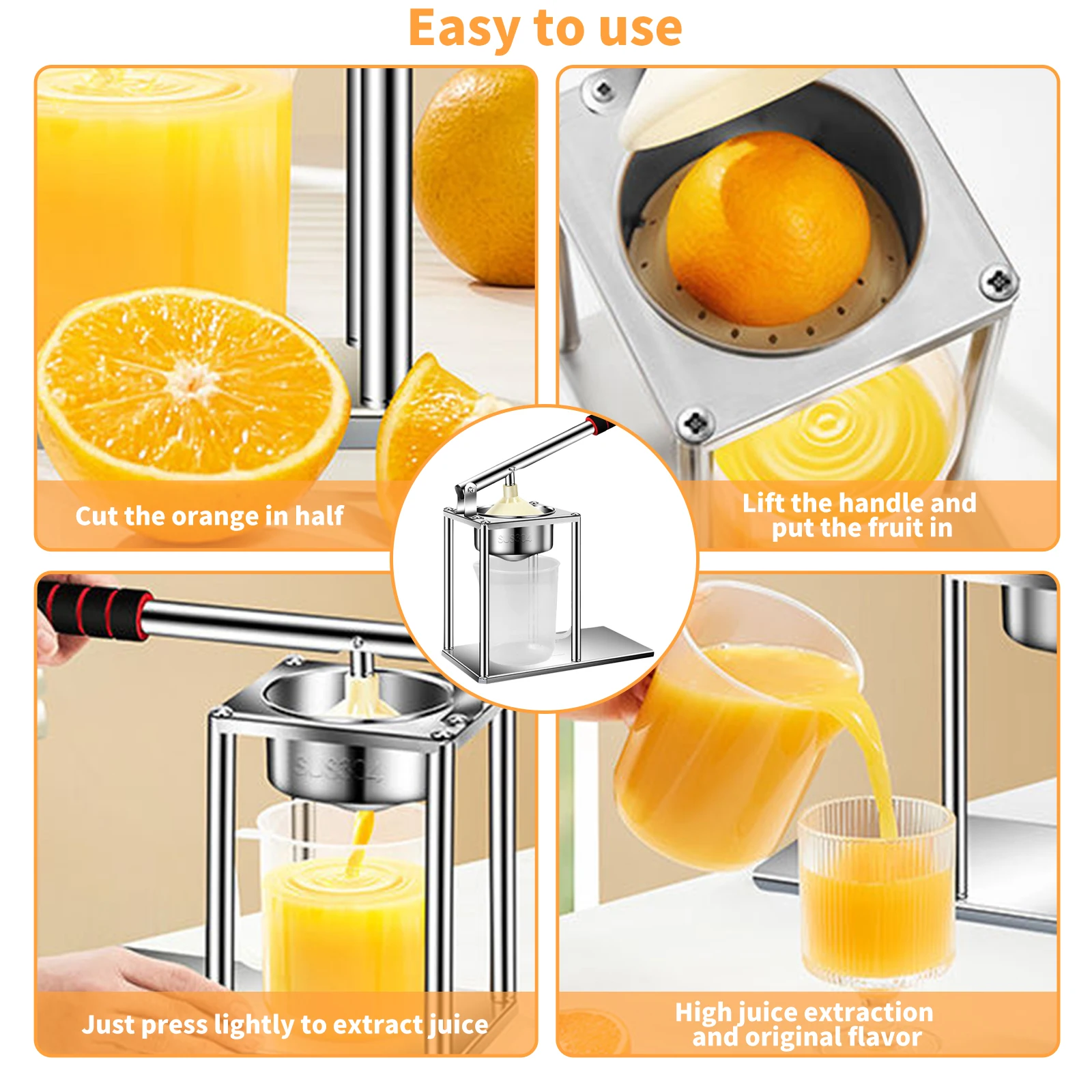 Manual Orange Squeezer 304 Stainless Steel Food Grade Minimalist Compact Ergonomic EVA Handle