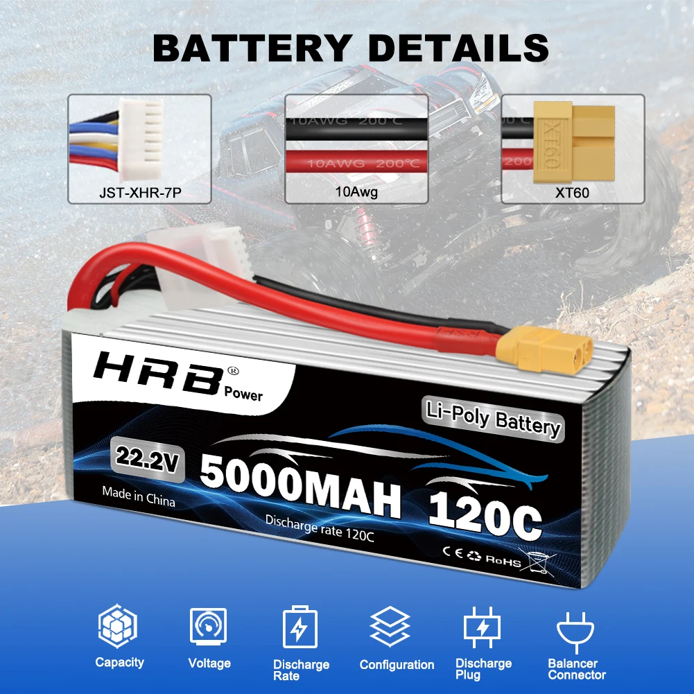 HRB 6S Lipo Battery 22.2v 5000mah Drone Battery 120C With XT90 Connector for RC Car Monster 550E 700E RC helicopter RC Boat