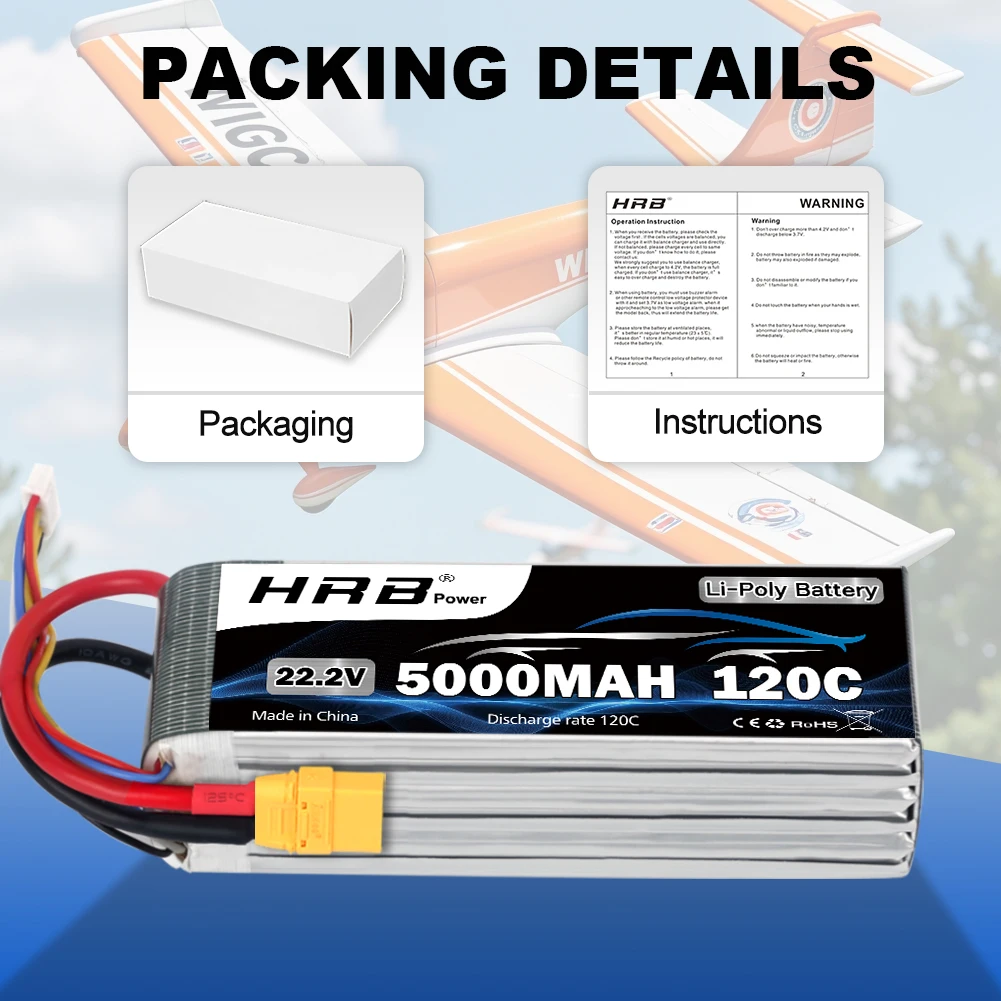 HRB 6S Lipo Battery 22.2v 5000mah Drone Battery 120C With XT90 Connector for RC Car Monster 550E 700E RC helicopter RC Boat
