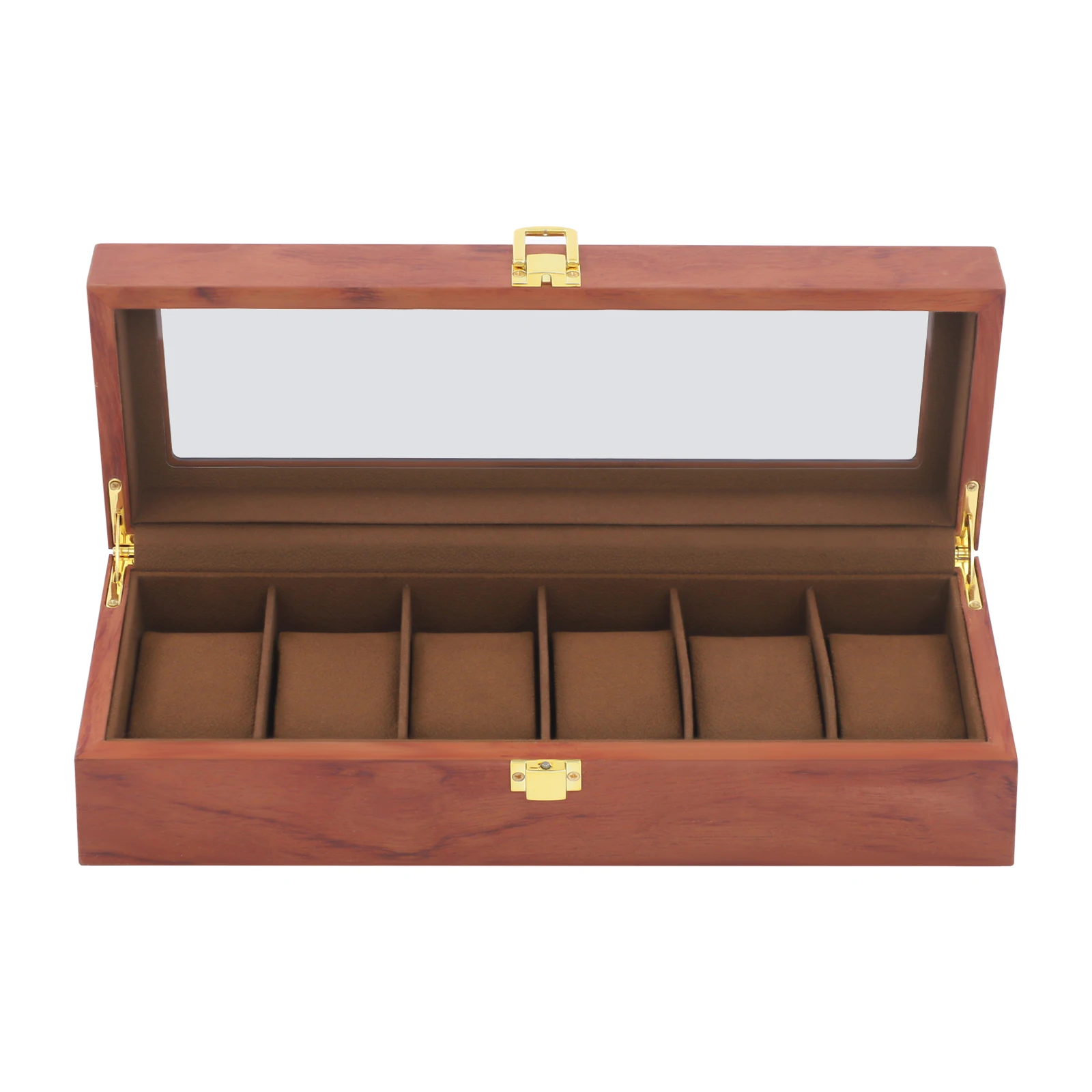 6-Slot Watch Box Organizer, MDF Glass Velvet Display Case W/Lock Vintage Clear Lid for Men Women Storage for Watches Jewelry