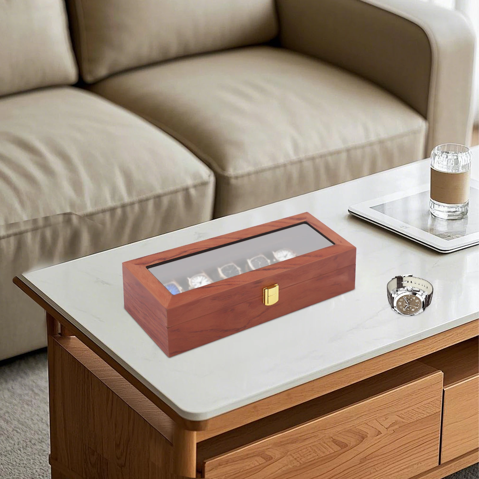 6-Slot Watch Box Organizer, MDF Glass Velvet Display Case W/Lock Vintage Clear Lid for Men Women Storage for Watches Jewelry