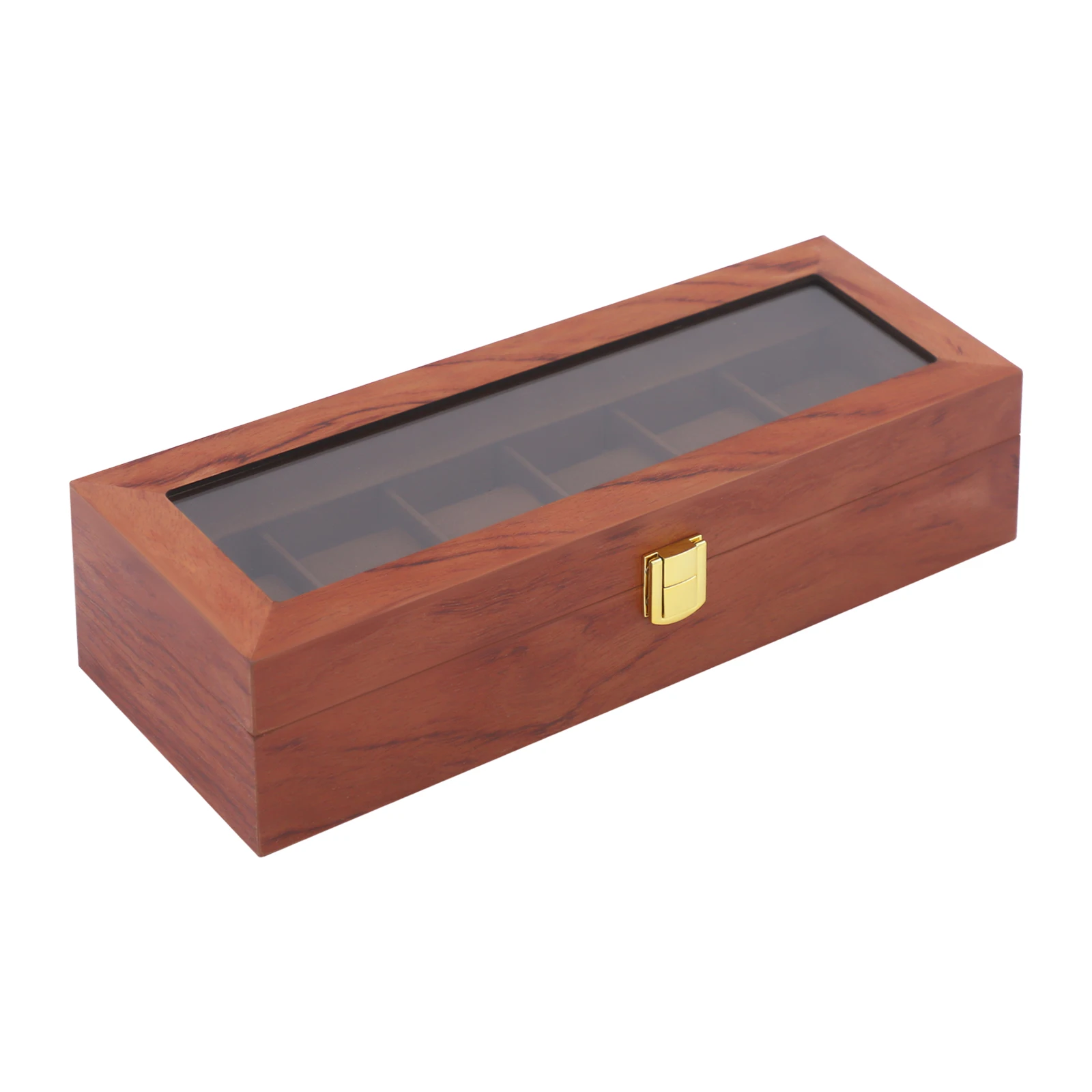 6-Slot Watch Box Organizer, MDF Glass Velvet Display Case W/Lock Vintage Clear Lid for Men Women Storage for Watches Jewelry