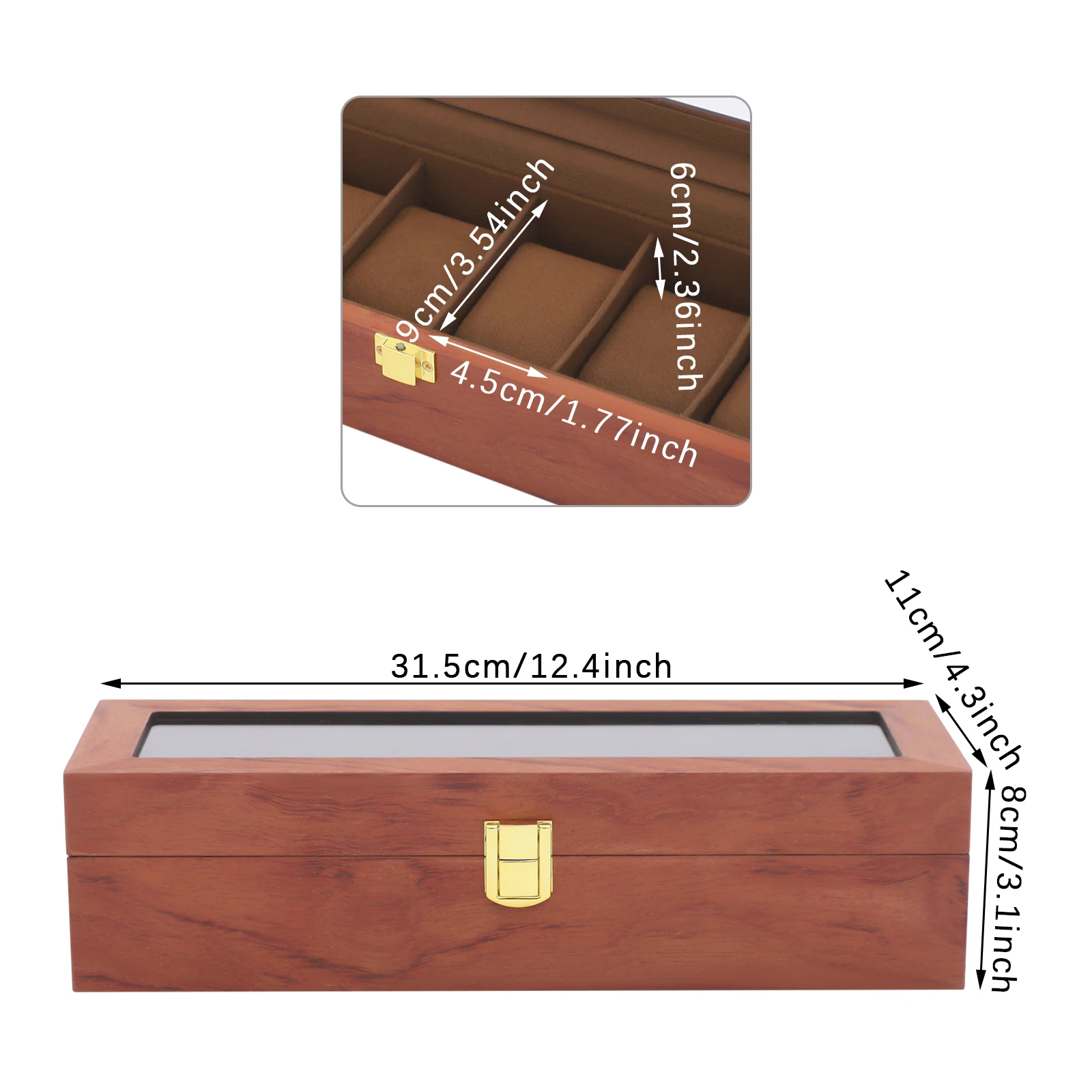 6-Slot Watch Box Organizer, MDF Glass Velvet Display Case W/Lock Vintage Clear Lid for Men Women Storage for Watches Jewelry