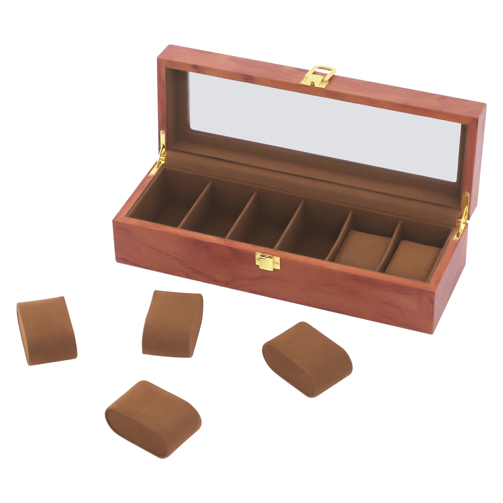 6-Slot Watch Box Organizer, MDF Glass Velvet Display Case W/Lock Vintage Clear Lid for Men Women Storage for Watches Jewelry