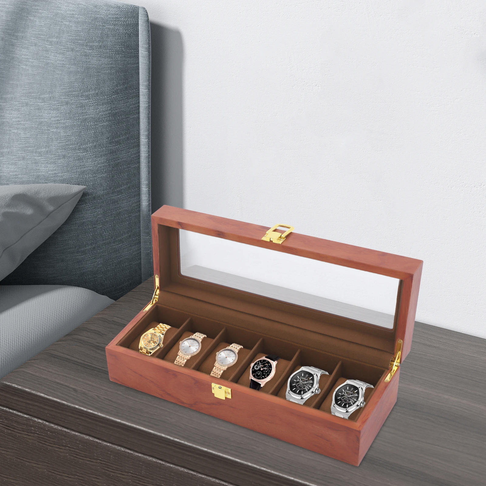 6-Slot Watch Box Organizer, MDF Glass Velvet Display Case W/Lock Vintage Clear Lid for Men Women Storage for Watches Jewelry