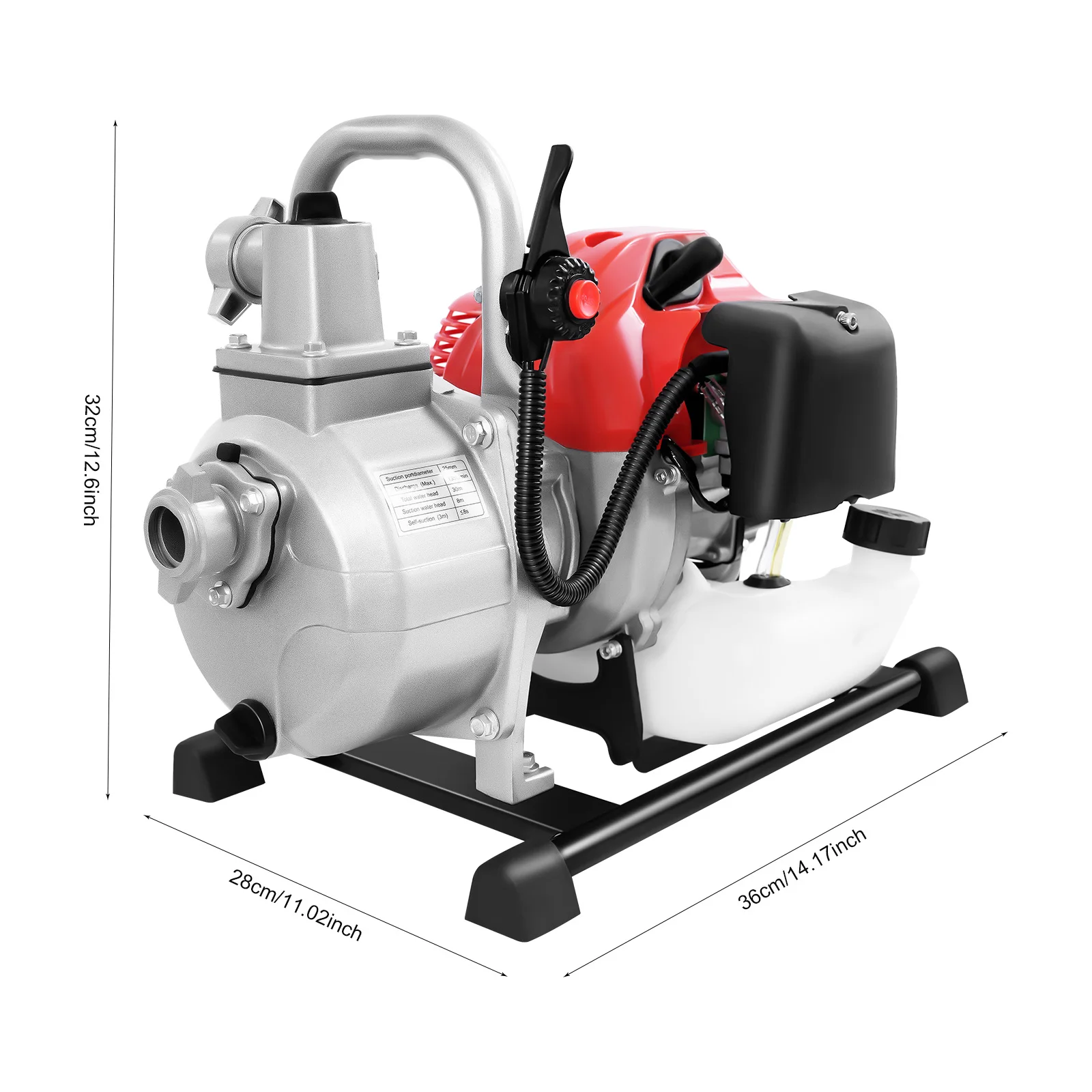1250W Portable Water Pump 2-Stroke Engine 43CC 1.7HP 8500RPM Gasoline Power Air-cooled Garden Pump Single Cylinder
