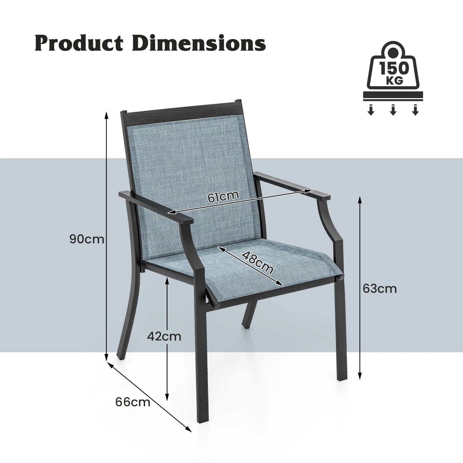 Set of 2 Garden Chairs, Patio Chairs with Wide Seat and Breathable Seat, Balcony Chairs, Outdoor Chairs up to 150 kg
